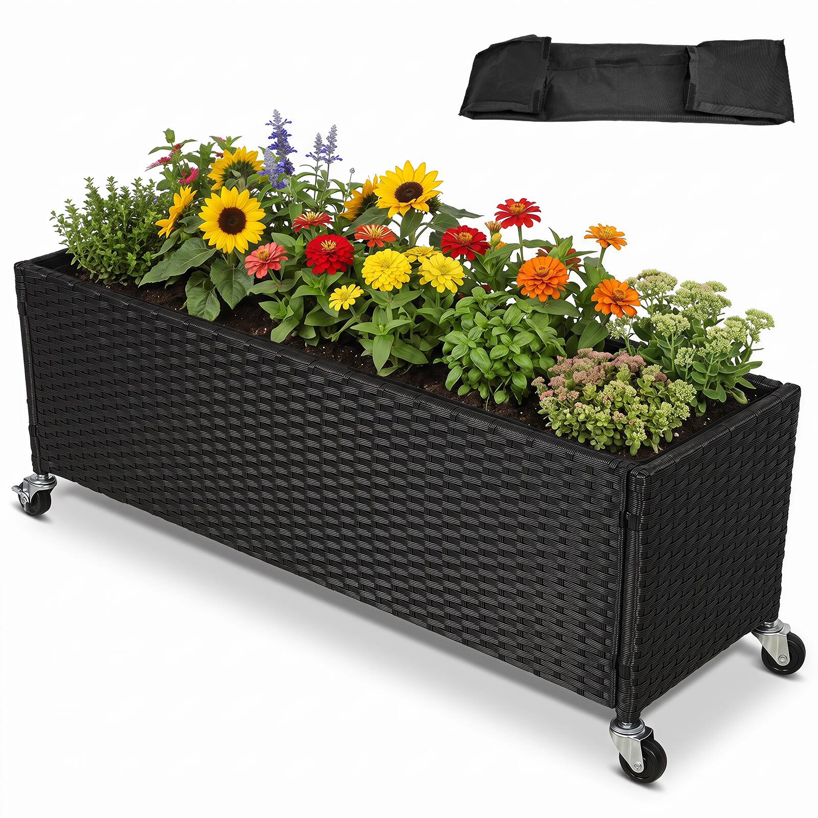 Front. Costway - Costway Raised Garden Bed with Lockable Wheels, PE Rattan, Liner Fabric for Flower - Black.