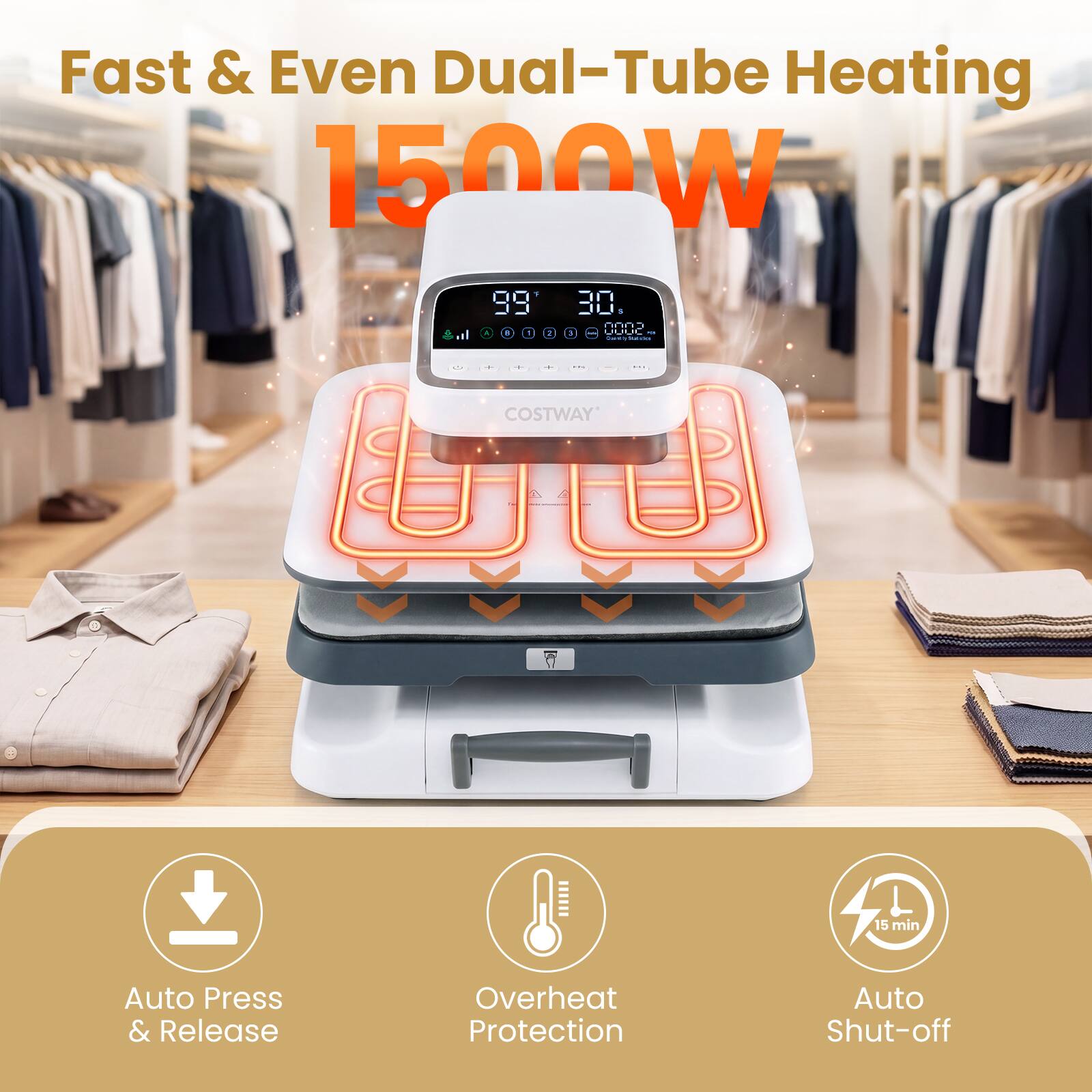 Fast & Even Dual-Tube Heating 1500W

COSTWAY Auto Press & Release Overheat Protection 15 min Auto Shut-off