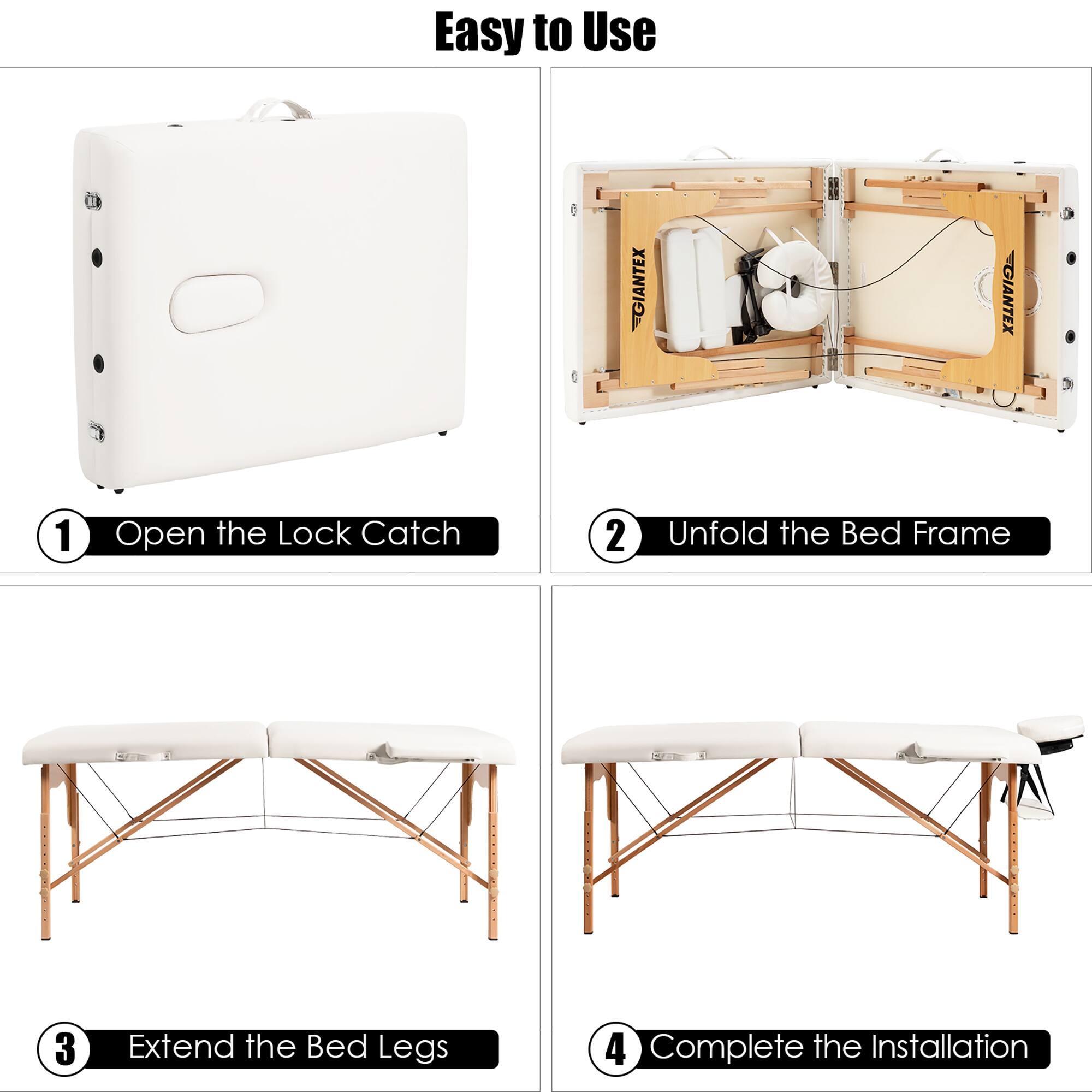 Easy to Use

1. Open the Lock Catch
2. Unfold the Bed Frame
3. Extend the Bed Legs
4. Complete the Installation