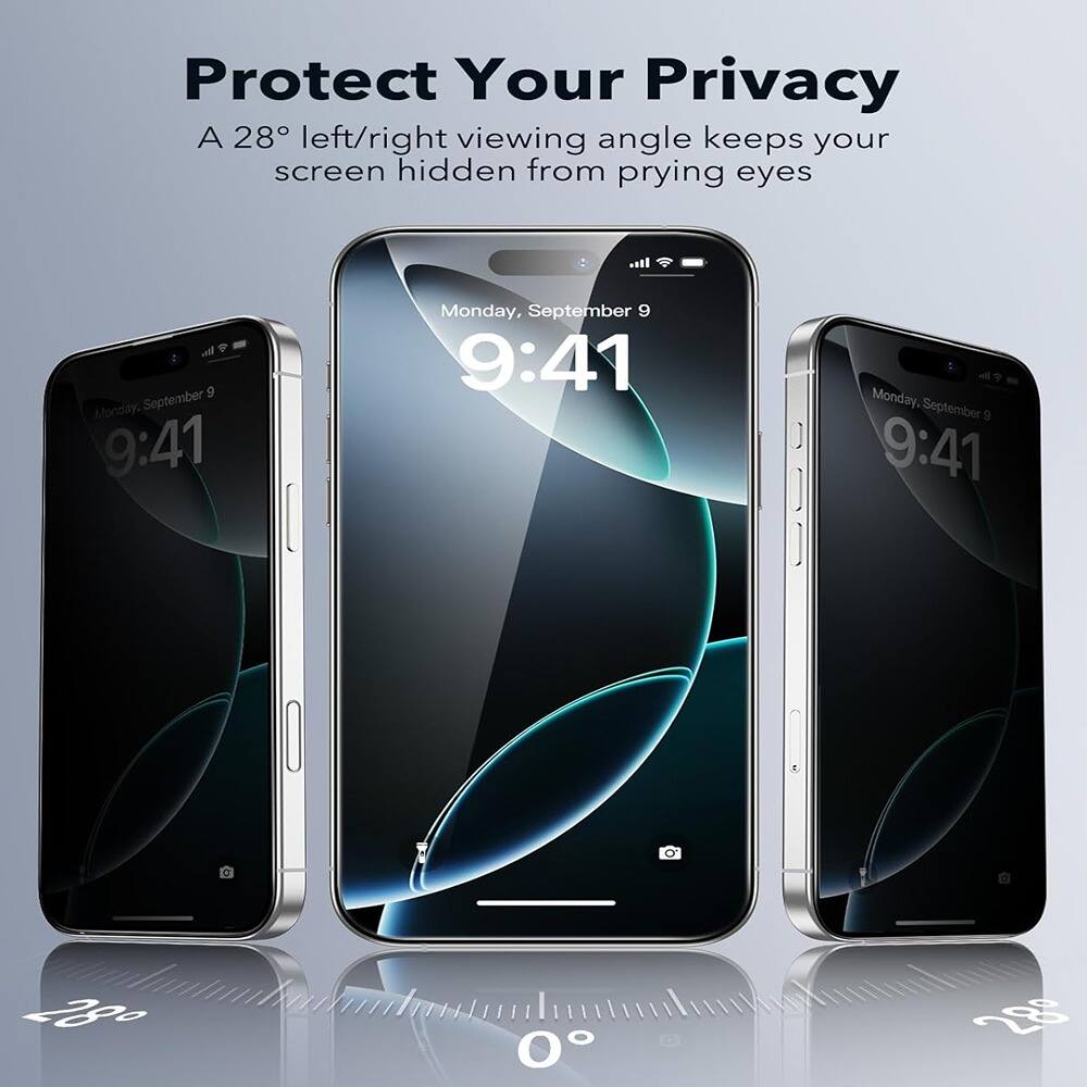 Protect Your Privacy  
A 28° left/right viewing angle keeps your screen hidden from prying eyes  

Monday, September 9  
9:41  

Monday, September 9  
9:41  

Monday, September 9  
9:41  

28°  
0°  
28°