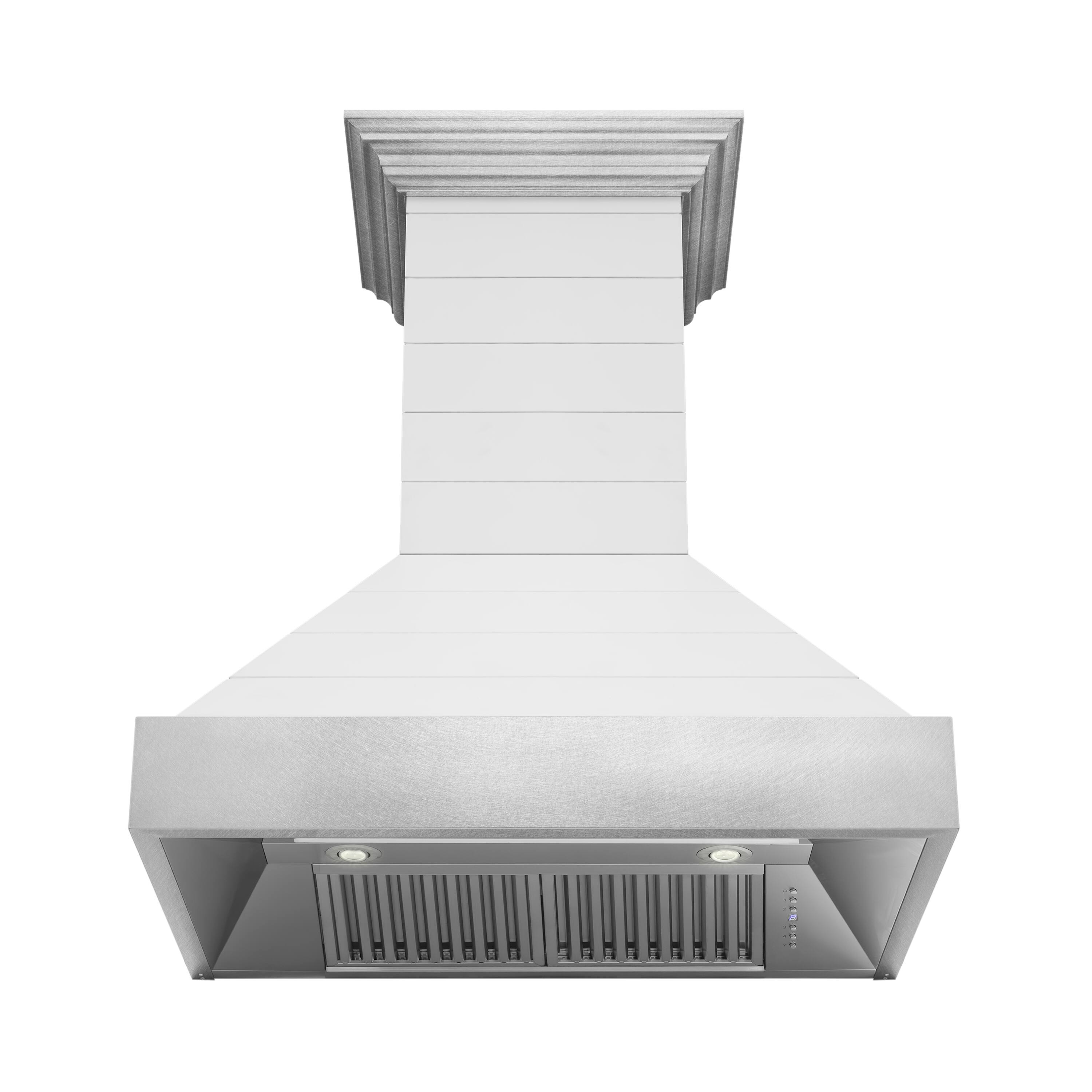 Back. ZLINE - ZLINE 30 in. Wooden Wall Mount Range Hood in Rustic Shiplap Bright White Finish with Stainless Steel Accents (365WW-30) - White.