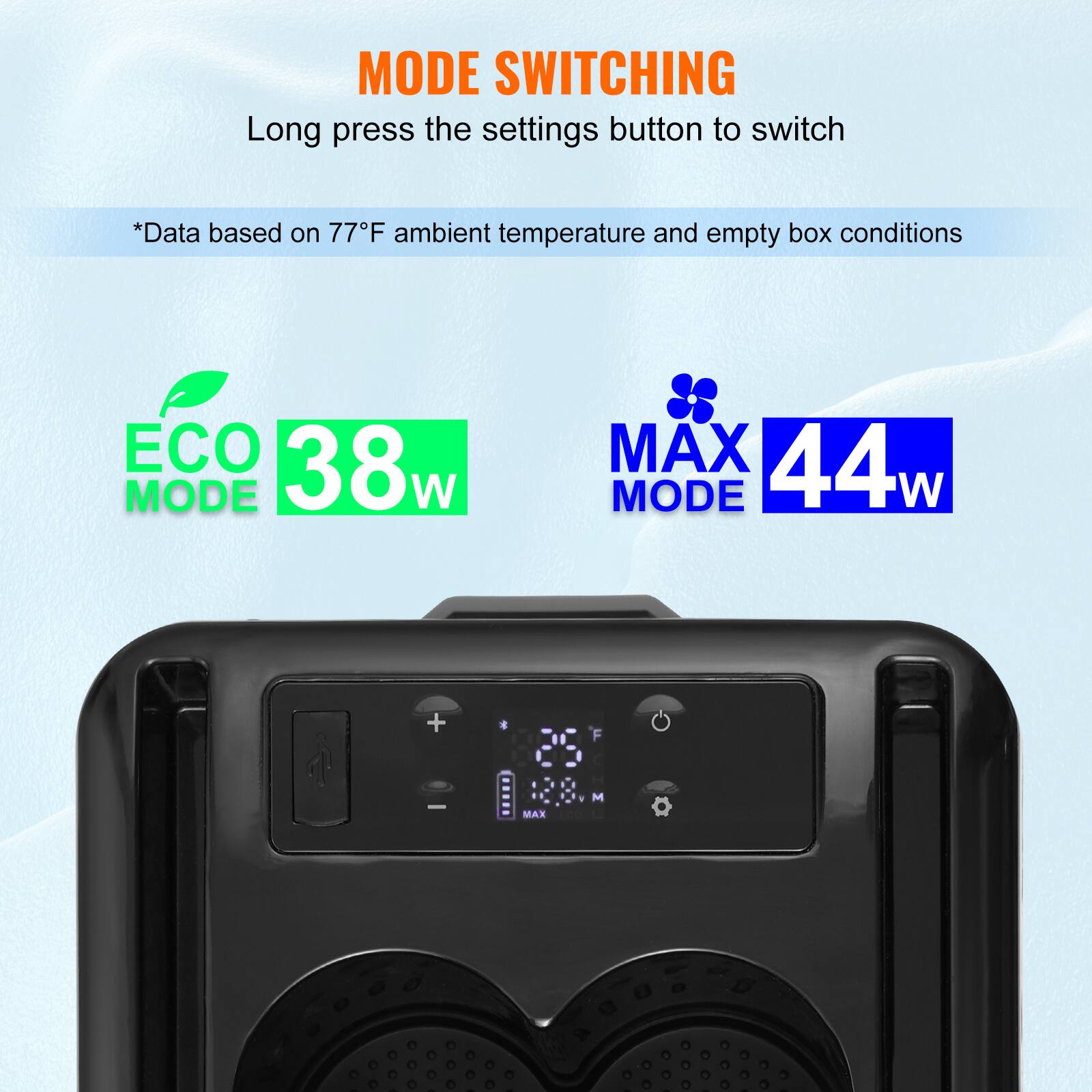 MODE SWITCHING
Long press the settings button to switch
*Data based on 77°F ambient temperature and empty box conditions
ECO 38w MODE
MAX 44w MODE + MAX M
