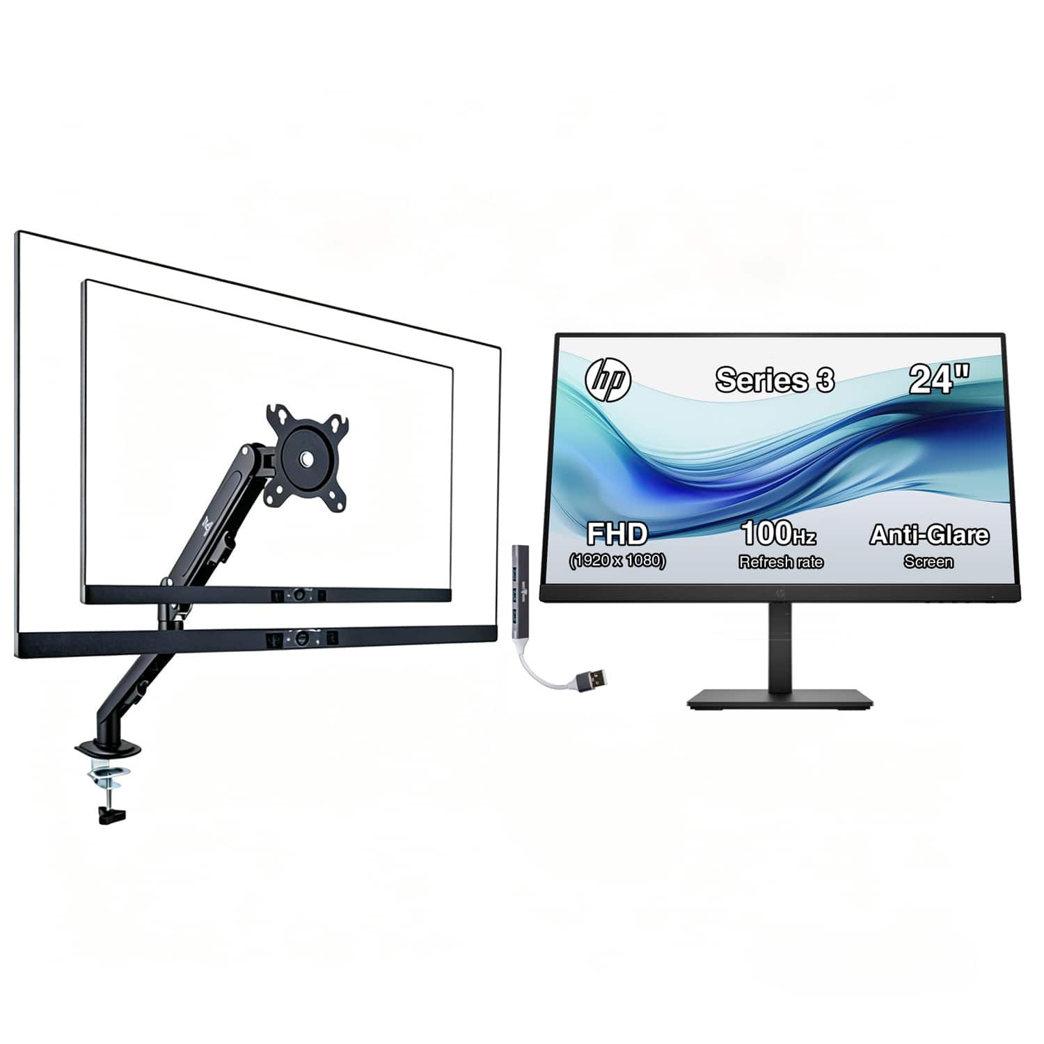 HP - Series 3 Pro 324pe 24" FHD IPS Monitor, 5ms Response Time, 1 Pack, HDMI, w/DKZ Hub & Ergoflexy Single Mount Arm - Black