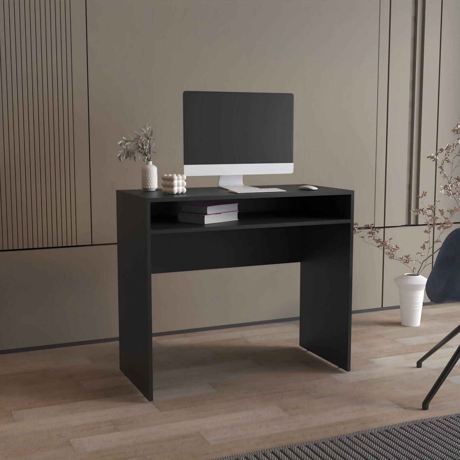 Alt View 7. Glintex - Compact Office Computer Desk with Storage Shelf, Durable Wood Build, Easy Assembly and Versatile Workspace - Black.