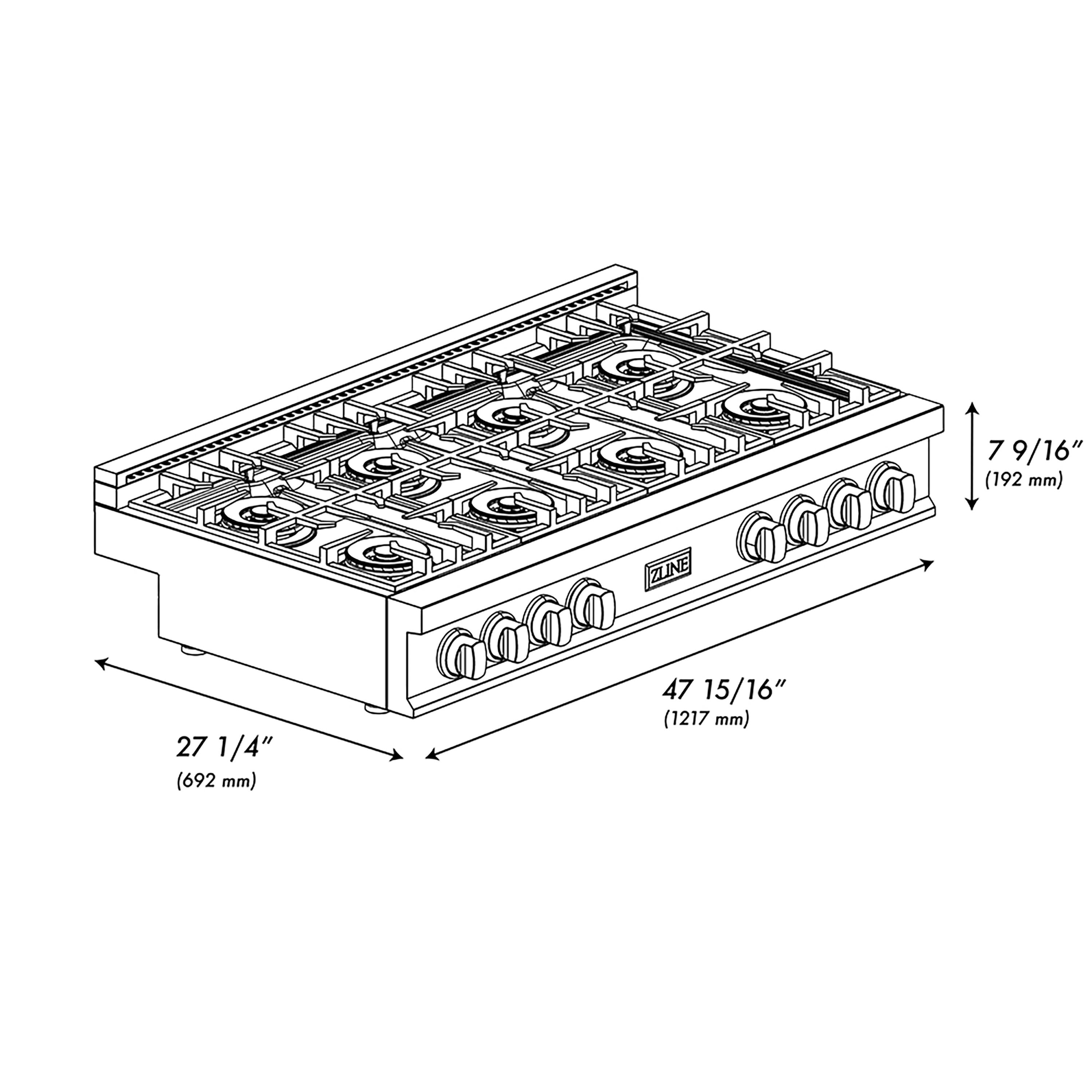 - 7 9/16" (192 mm)
- 27 1/4" (692 mm)
- 47 15/16" (1217 mm)