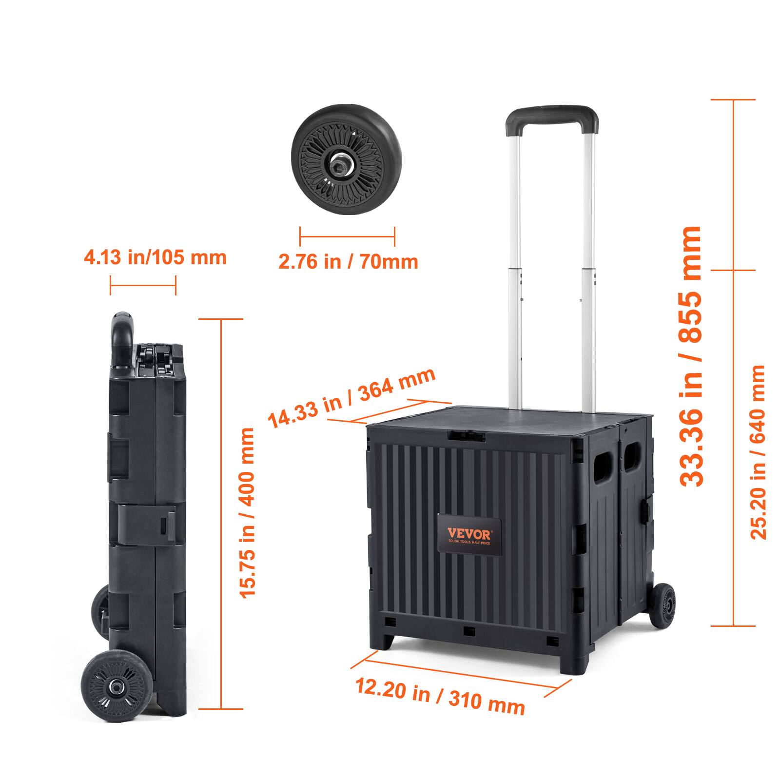 4.13 in/105 mm, 2.76 in / 70 mm, 14.33 in / 364 mm, 15.75 mm / 400 mm, 33.36 in / 855 mm, 25.20 in / 640 mm, 12.20 in / 310 mm.