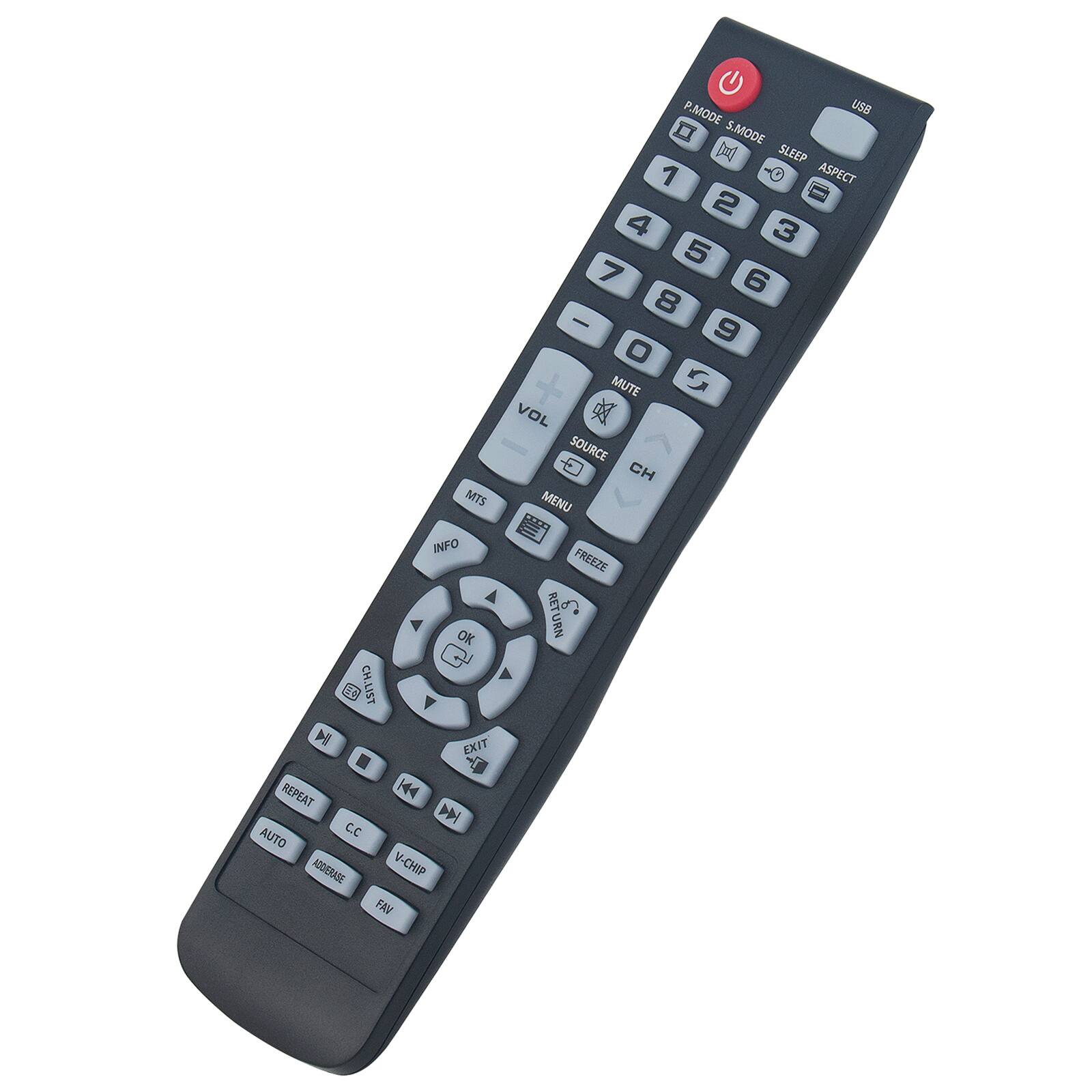 MTS INFO OK E CH.LIST N EXIT REPEAT 144 M AUTO CC ADGERASE V-CHIP FAV P.MODE USB S.MODE 0 SLEEP 1 ASPECT 2 4 3 5 7 6 8 - 9 O + MUTE G VOL SOURCE CH MENU FREEZE RET RETURN