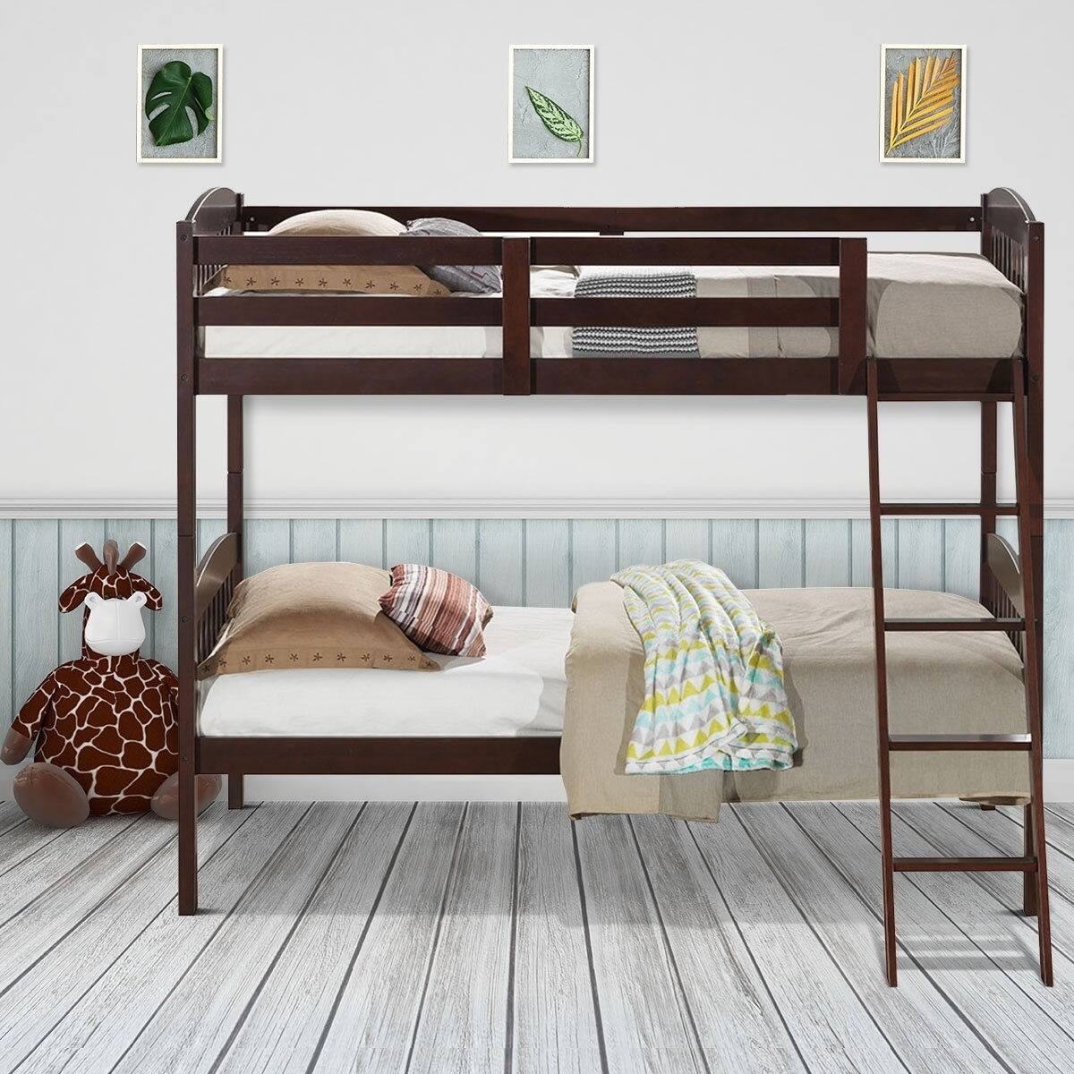 Angle. Hivvago - Hivvago Twin over Twin Wooden Bunk Bed with Ladder - Dark Brown.