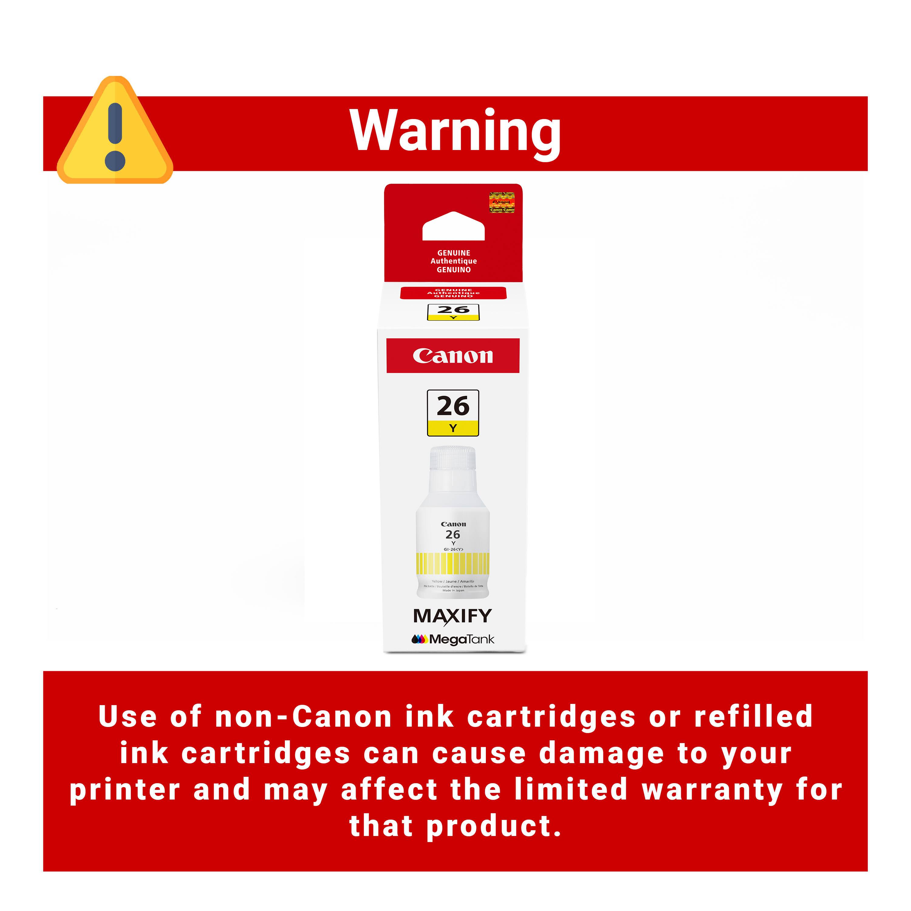 Warning

Use of non-Canon ink cartridges or refilled ink cartridges can cause damage to your printer and may affect the limited warranty for that product.