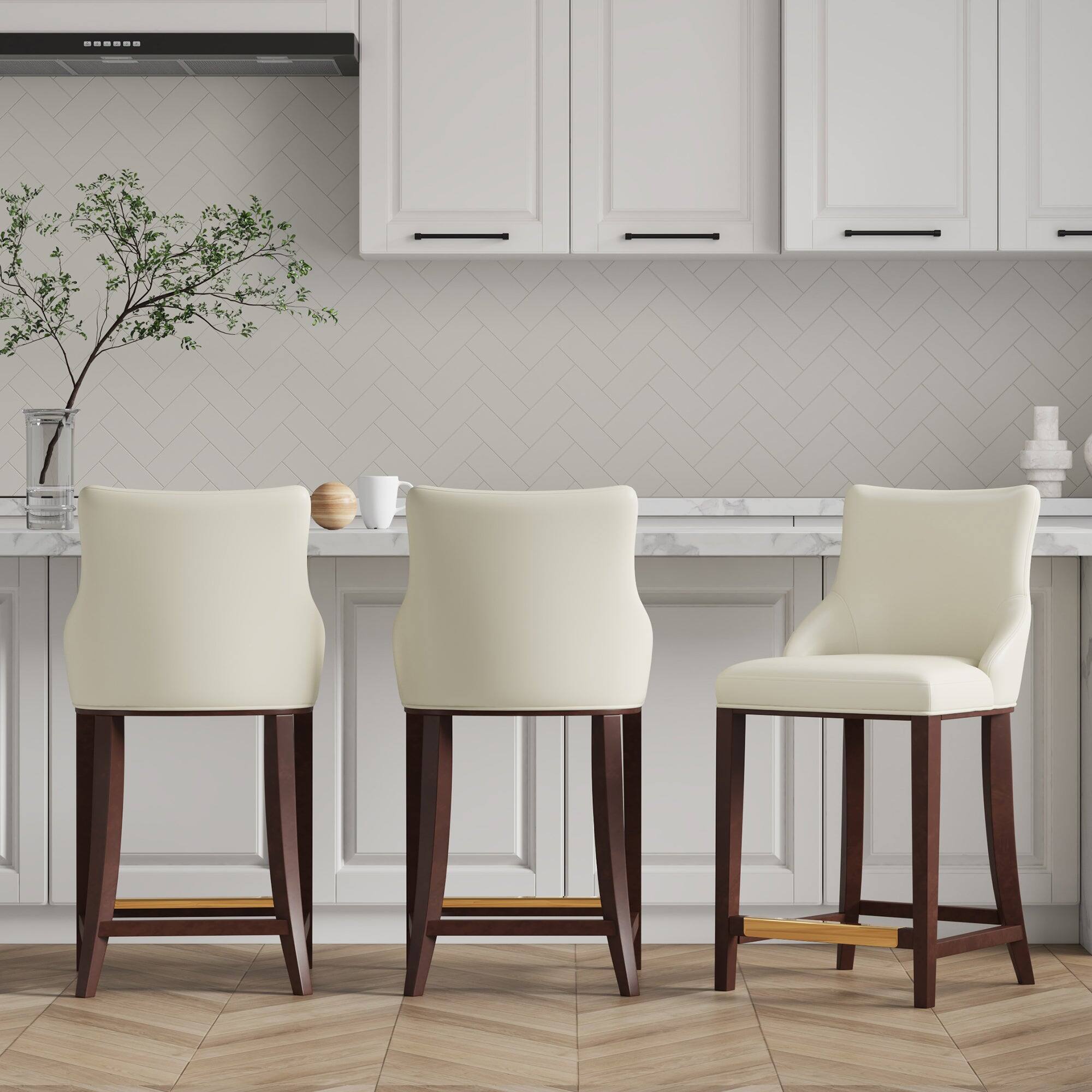 Angle. Manhattan Comfort - Shubert Modern Wood Upholstered Counter Stool - Set of 3 - Ivory.