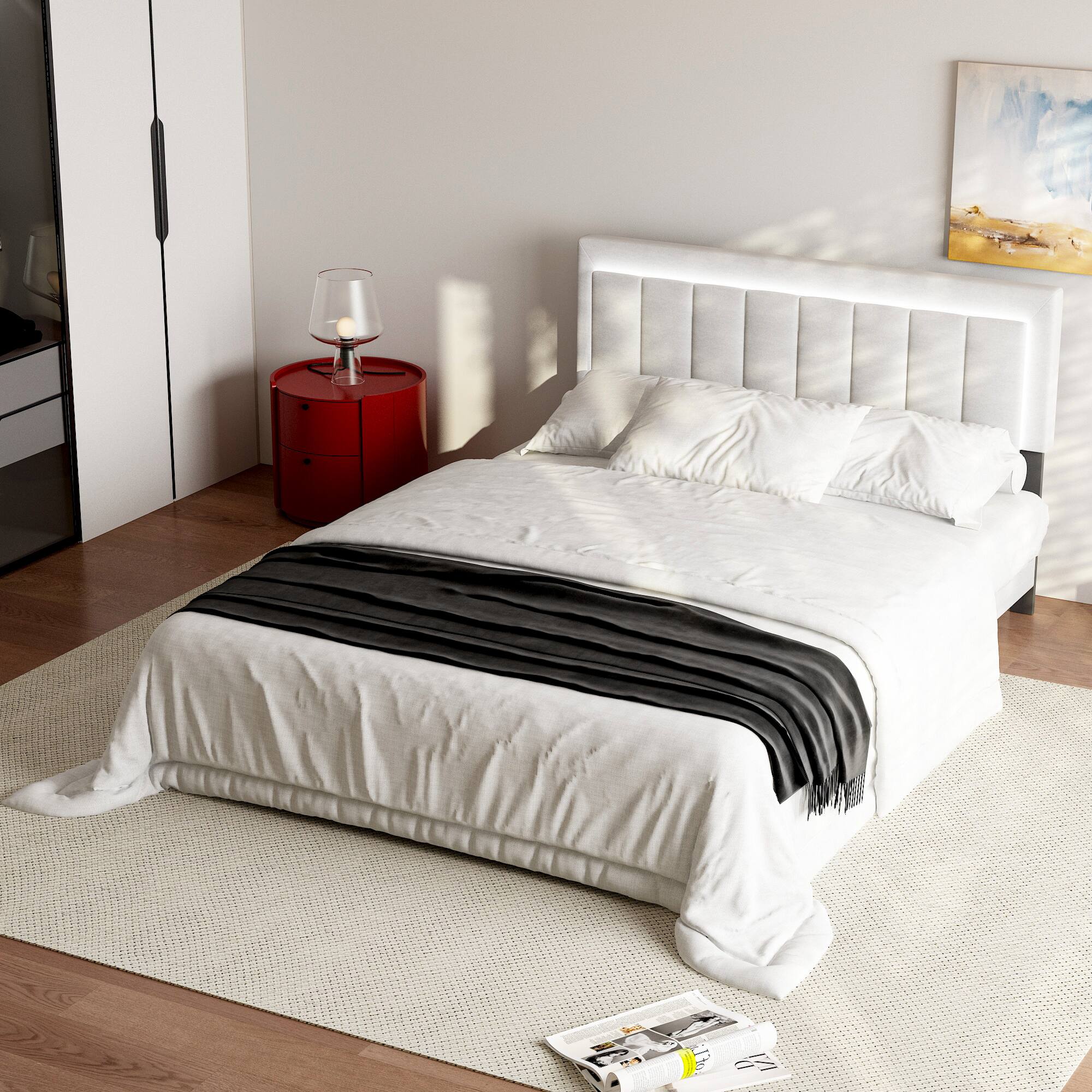 Alt View 8. Famapy - Famapy Upholstered Bed Frame with LED Headboard & Reinforced Slat Support - White.