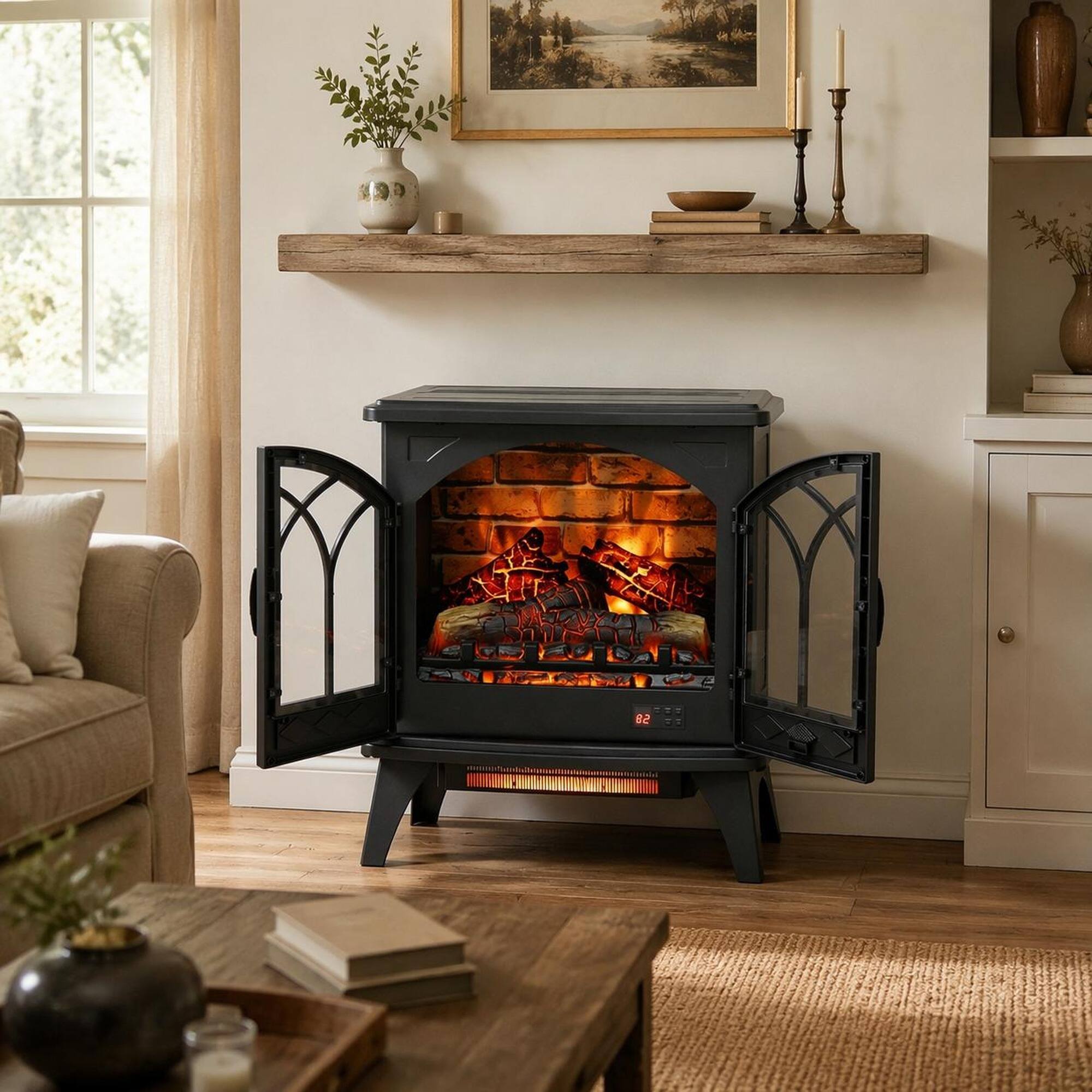 Angle. RYHNUYNE - 24 Inch 3D Flame Electric Infrared Quartz Fireplace Stove with Remote Control for Living Room Bedroom Home Office - Antique Black.