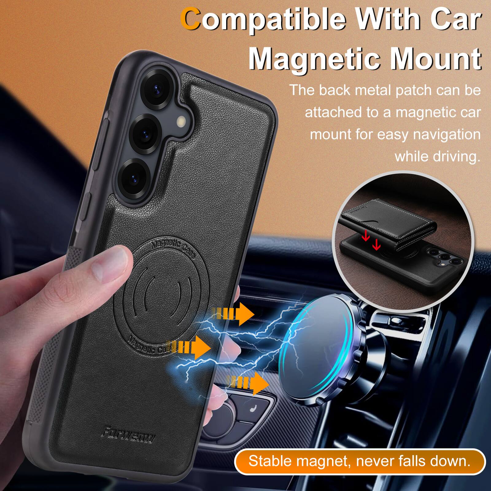 Compatible With Car Magnetic Mount

The back metal patch can be attached to a magnetic car mount for easy navigation while driving.

Stable magnet, never falls down.