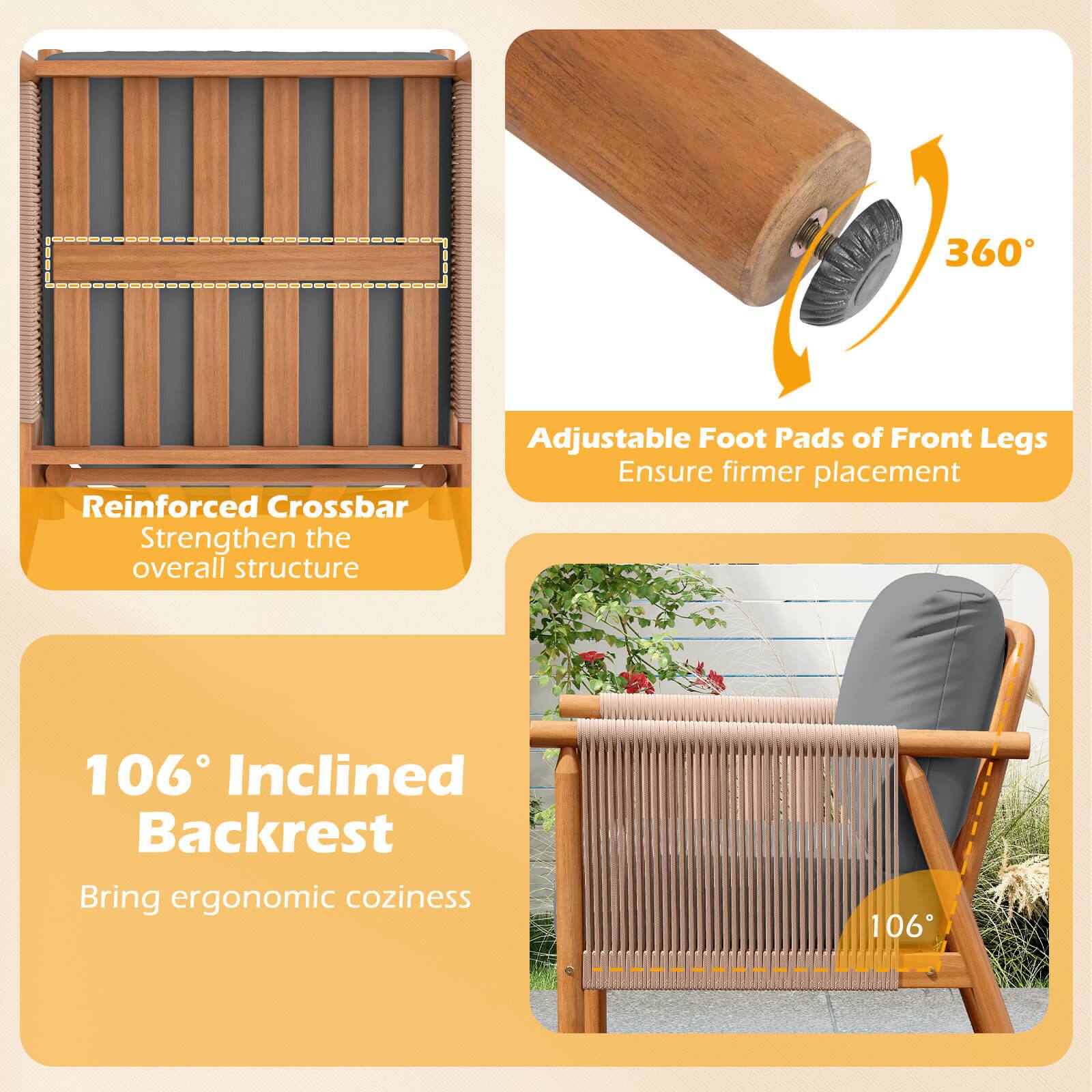 360 Reinforced Crossbar Strengthen the overall structure  
Adjustable Foot Pads of Front Legs Ensure firmer placement  
106° Inclined Backrest Bring ergonomic coziness