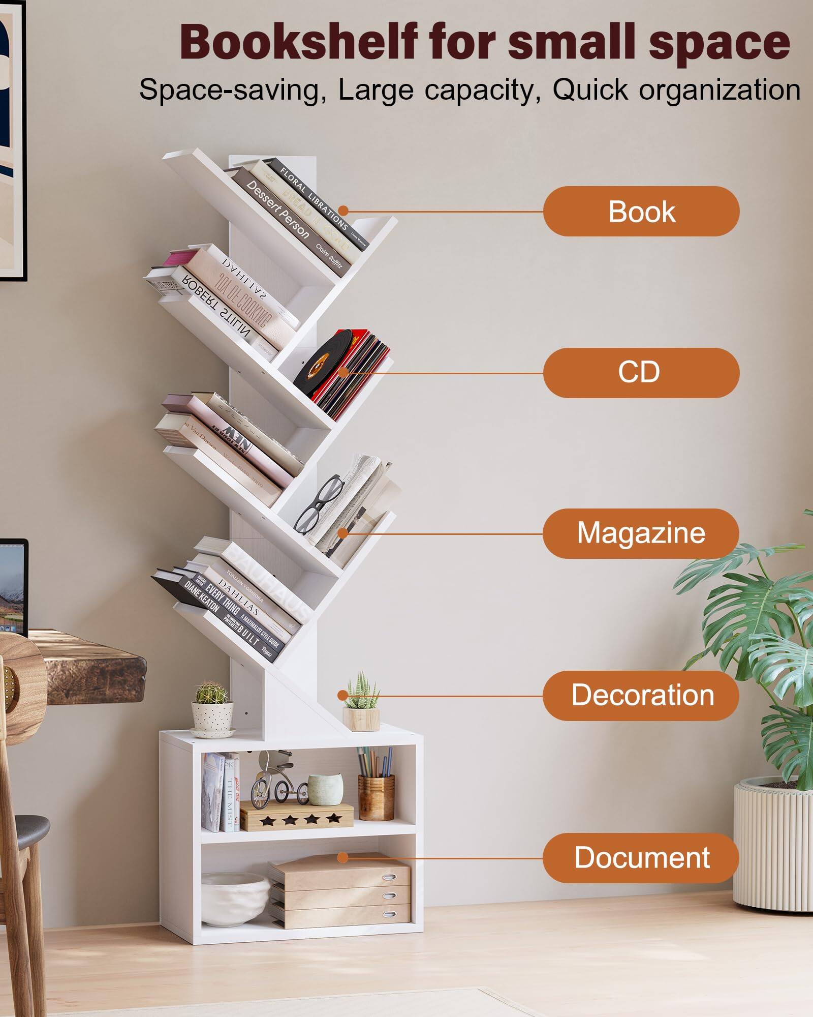Bookshelf for small space  
Space-saving, Large capacity, Quick organization  

Book  
CD  
Magazine  
Decoration  
Document