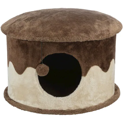 Front. TRIXIE - Cozy Plush Cover Indoor Cat Condo with a Cat Toy on String, Brown-Beige - Brown.
