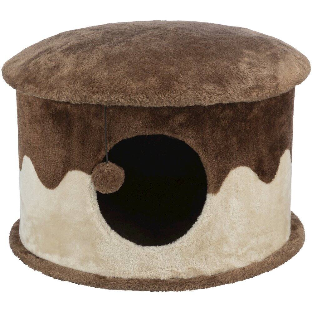 Front. TRIXIE - Cozy Plush Cover Indoor Cat Condo with a Cat Toy on String, Brown-Beige - Brown.