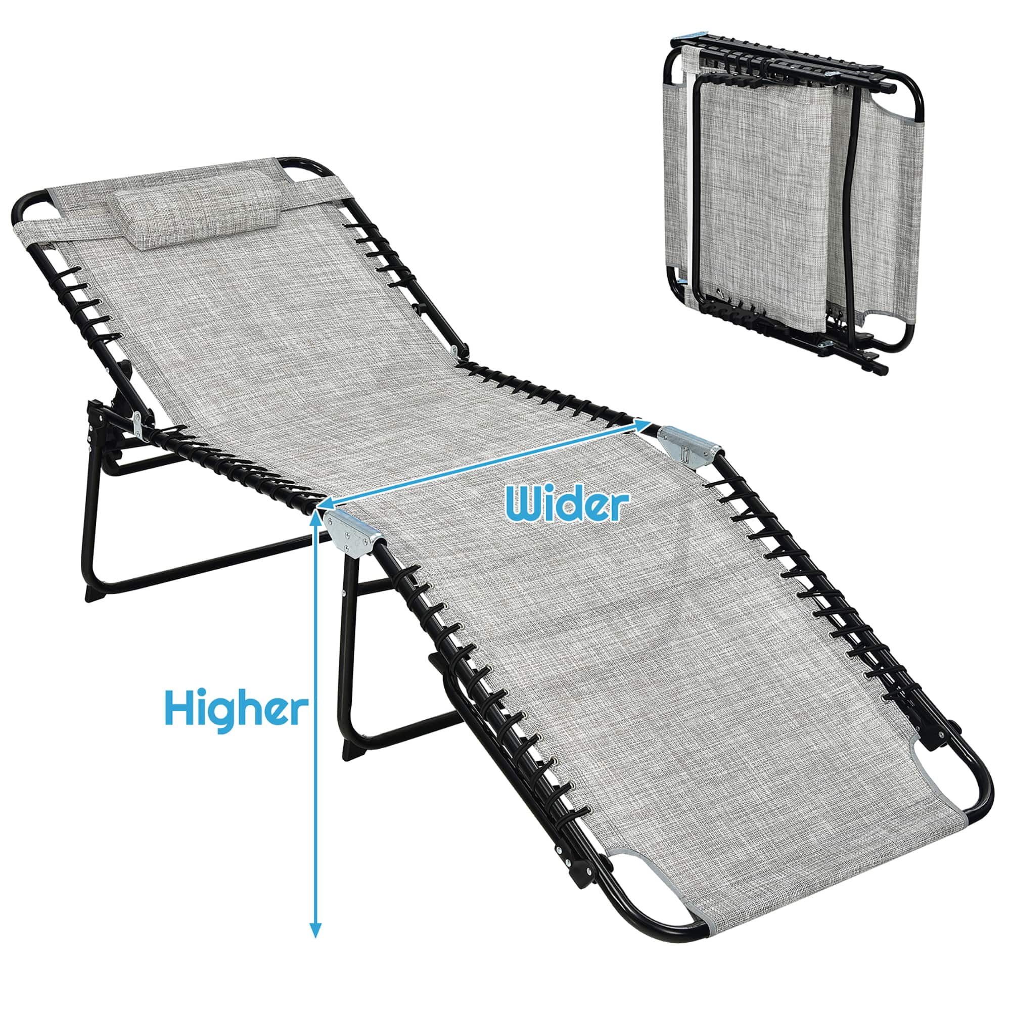 Costway - Folding Lounge Chaise Chair 4 Position Patio Recliner w/Pillow Sunbathe Chair - Gray