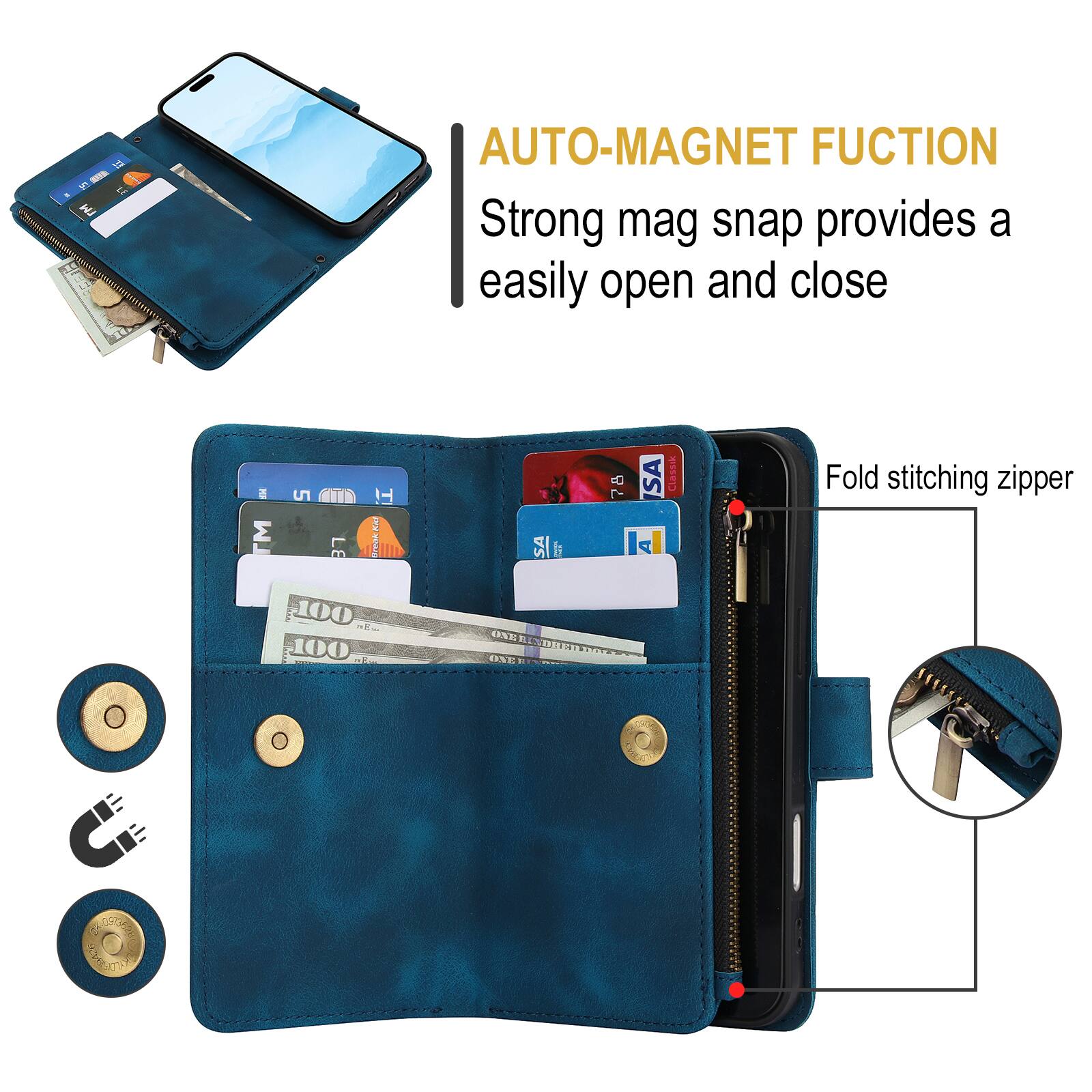 AUTO-MAGNET FUNCTION  
Strong mag snap provides a easily open and close  

Fold stitching zipper