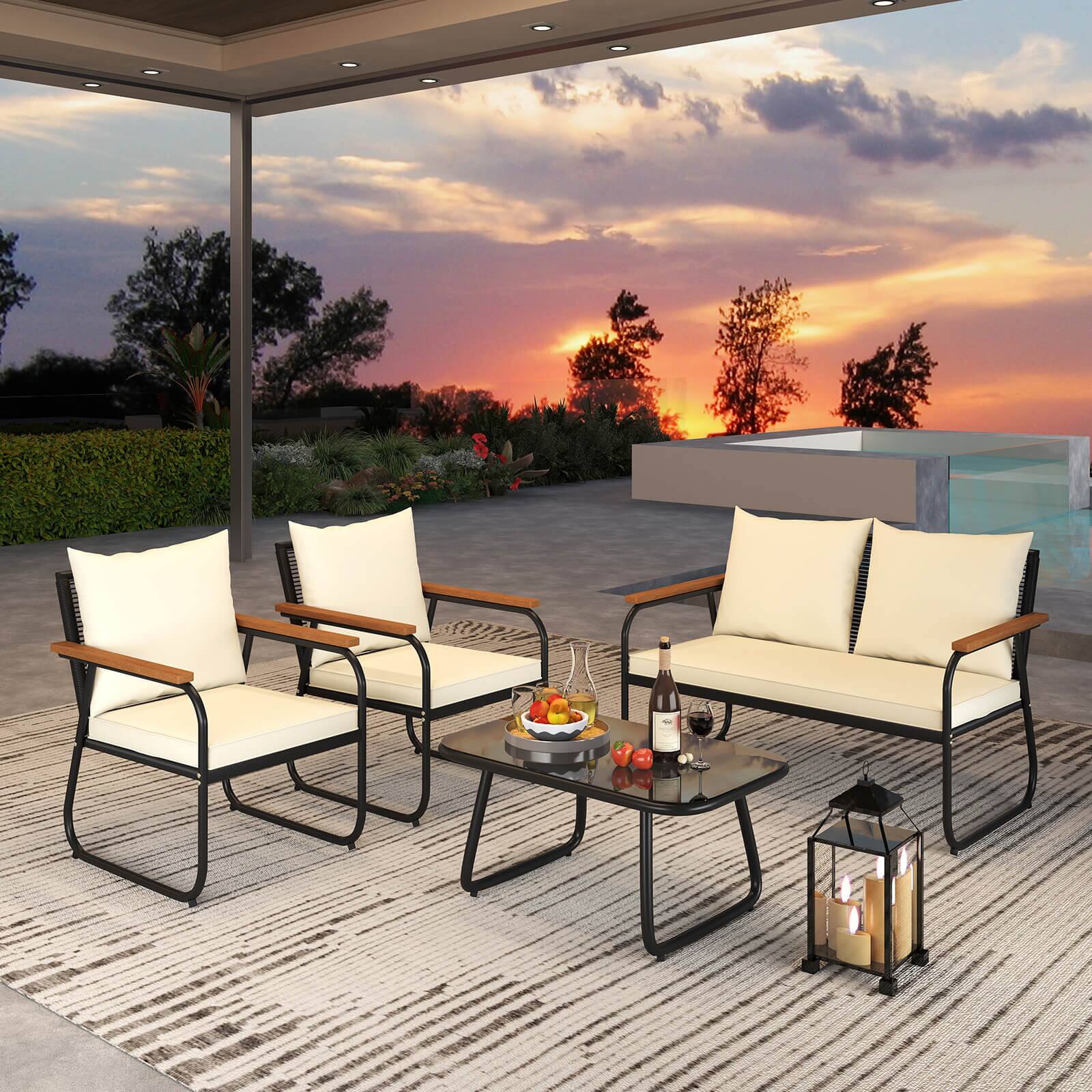 Alt View 1. Costway - Costway 8 PCS Patio Furniture Set with Tempered Glass Coffee Table PE Wicker Rattan Chairs - Black,Off White.