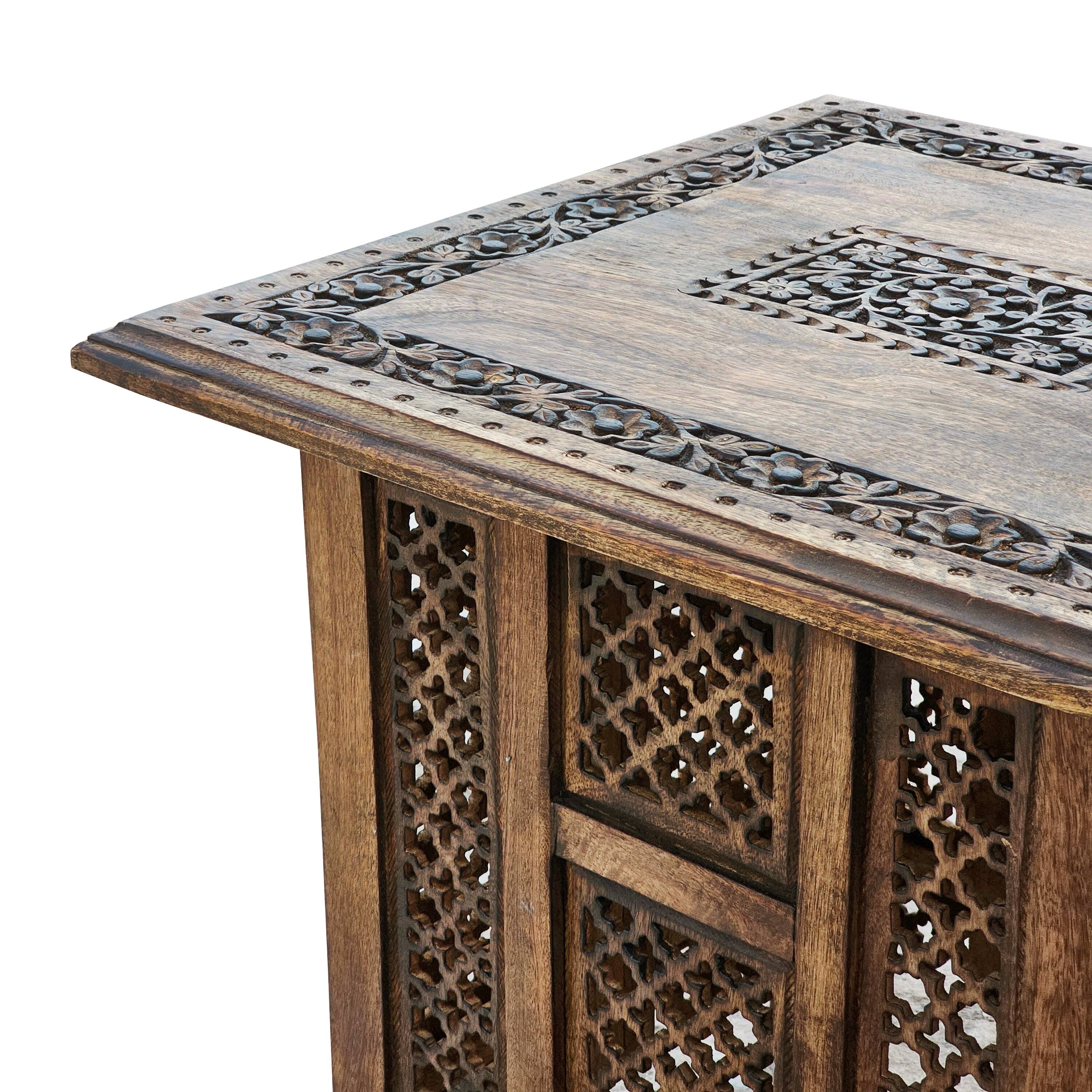 Alt View 3. Manhattan Lane - 21 Inch Boho Side End Table, Floral Carved Details, Foldable Panel Legs - Brown.