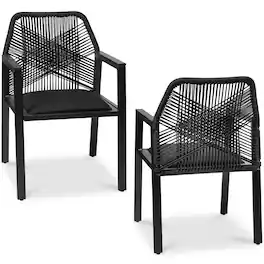 Best Choice Products - Set of 2 Indoor/Outdoor Aluminum Woven Rope Dining Chairs w/ Armrests - Black/Obsidian