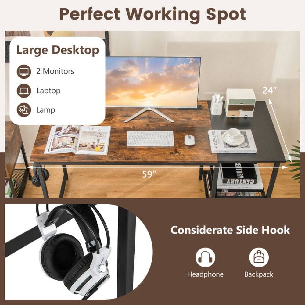 Perfect Working Spot

Large Desktop
- 2 Monitors
- Laptop
- Lamp

24"  
59"

Considerate Side Hook
- Headphone
- Backpack