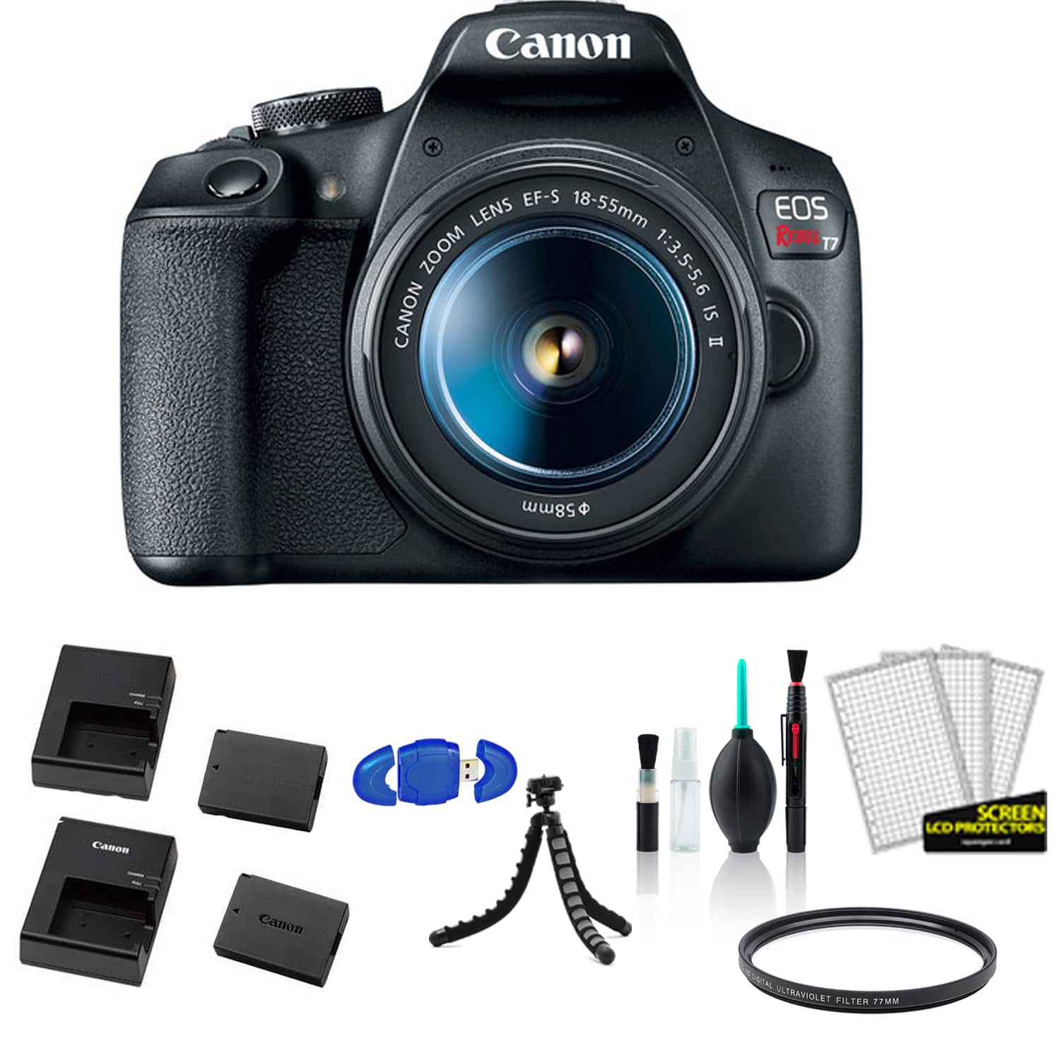 Canon - EOS Rebel T7 EF-S 18-55mm IS II Kit with Extra Battery and Charger + More - International Model