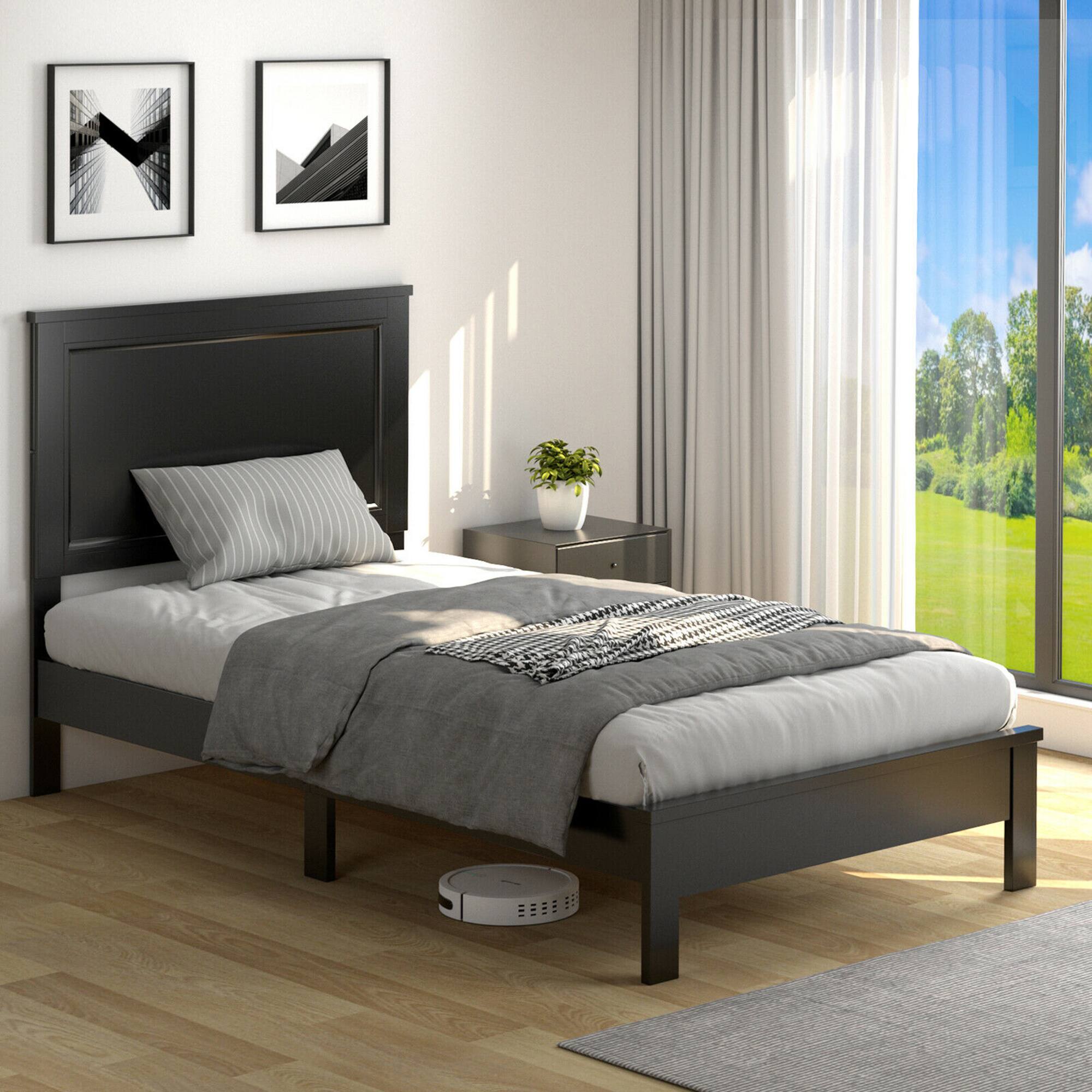Gymax - Twin Size Bed Frame Platform Slat High Headboard Bedroom Rubber Wood Leg - Black