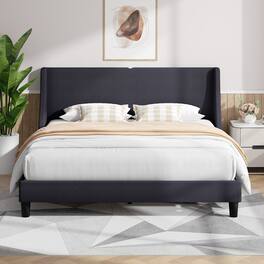 Vecelo - Upholstered Bed Frame with Headboard and Wingback, Full Size Bed Frame, Platform Bed with USB, and Type-C Ports - Gray
