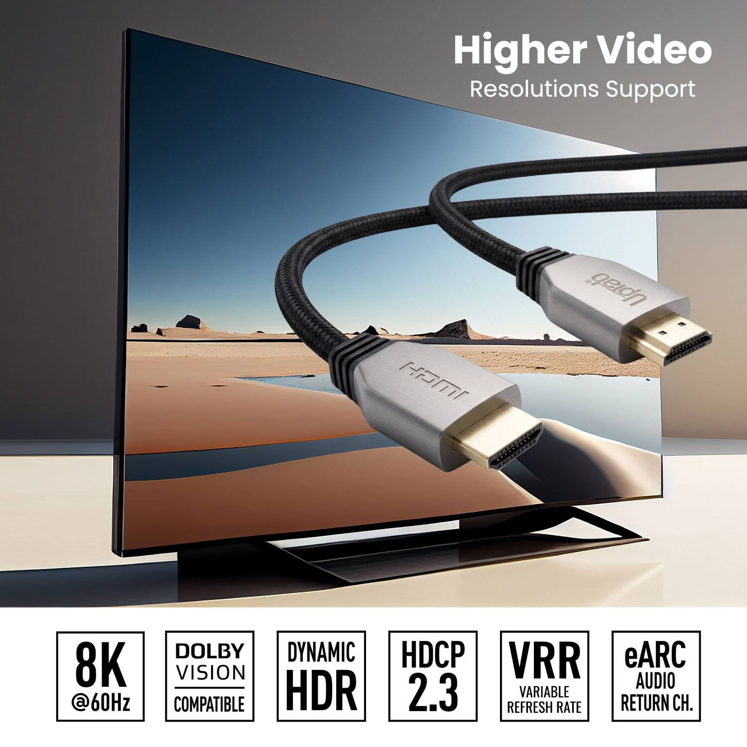 Higher Video Resolutions Support  
8K @60Hz  
DOLBY DYNAMIC VISION COMPATIBLE HDR  
HDCP 2.3  
VRR VARIABLE REFRESH RATE  
eARC AUDIO RETURN CH.