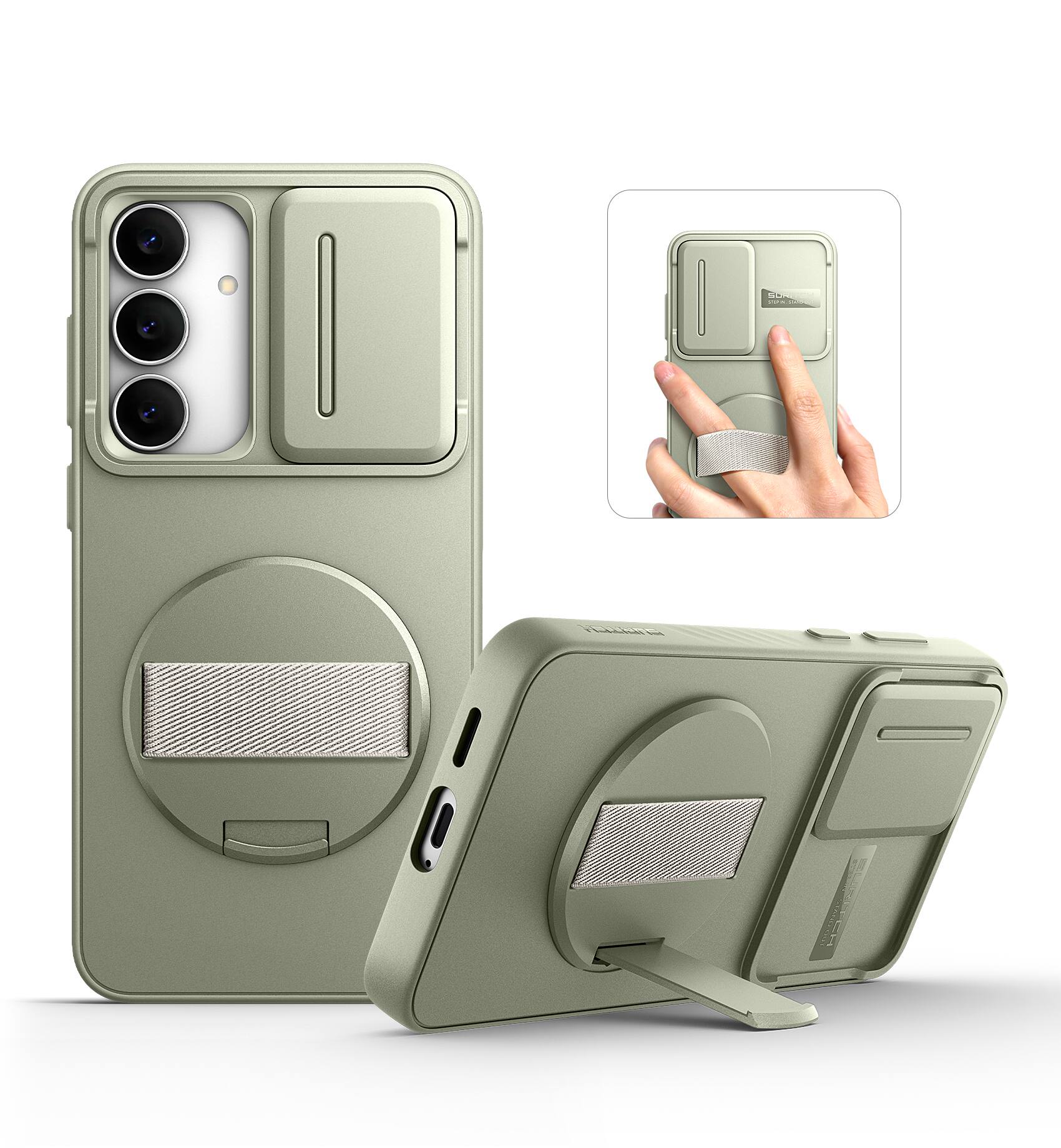 Front. SURITCH - Case for Samsung Galaxy S25 FE with 360° Rotatable Hand Strap, Invisible Kickstand,Slide Camera Cover, Rugged Shockproof - Khaki Green.