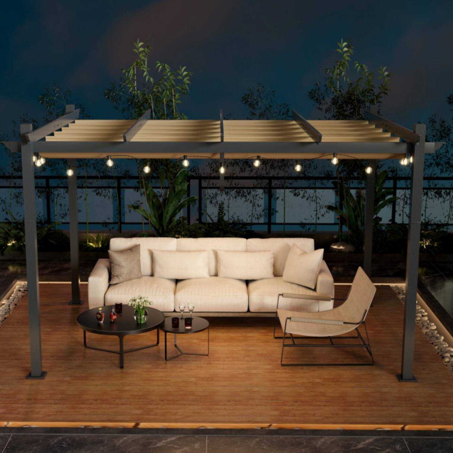 Alt View 4. Mondawe - 10x13 FT Outdoor Aluminum Retractable Pergola w Sun Shelter Canopy 8' Height - Beige.