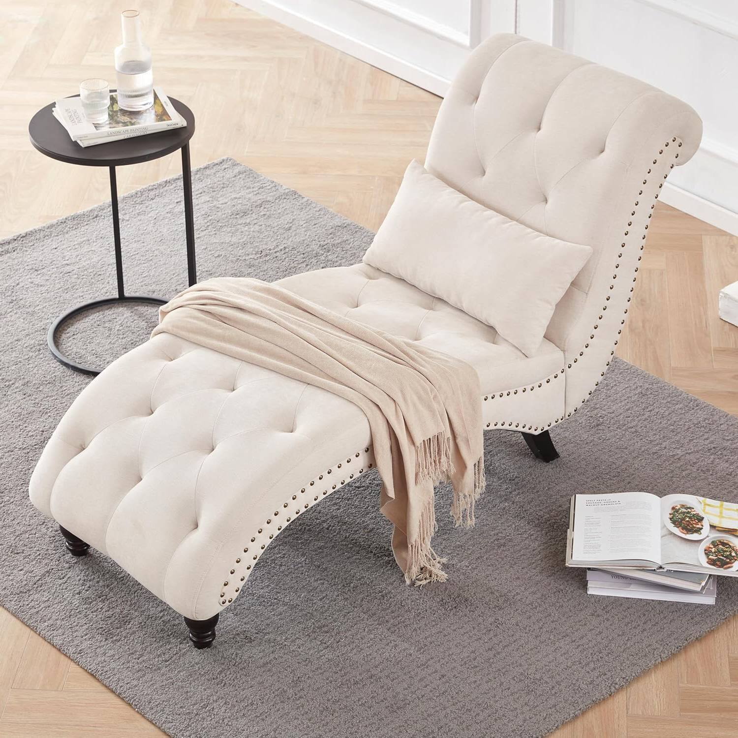 Left. Hivvago - Linen Upholstered Armless Chaise Lounge Chair with Pillow - Cream, Beige.
