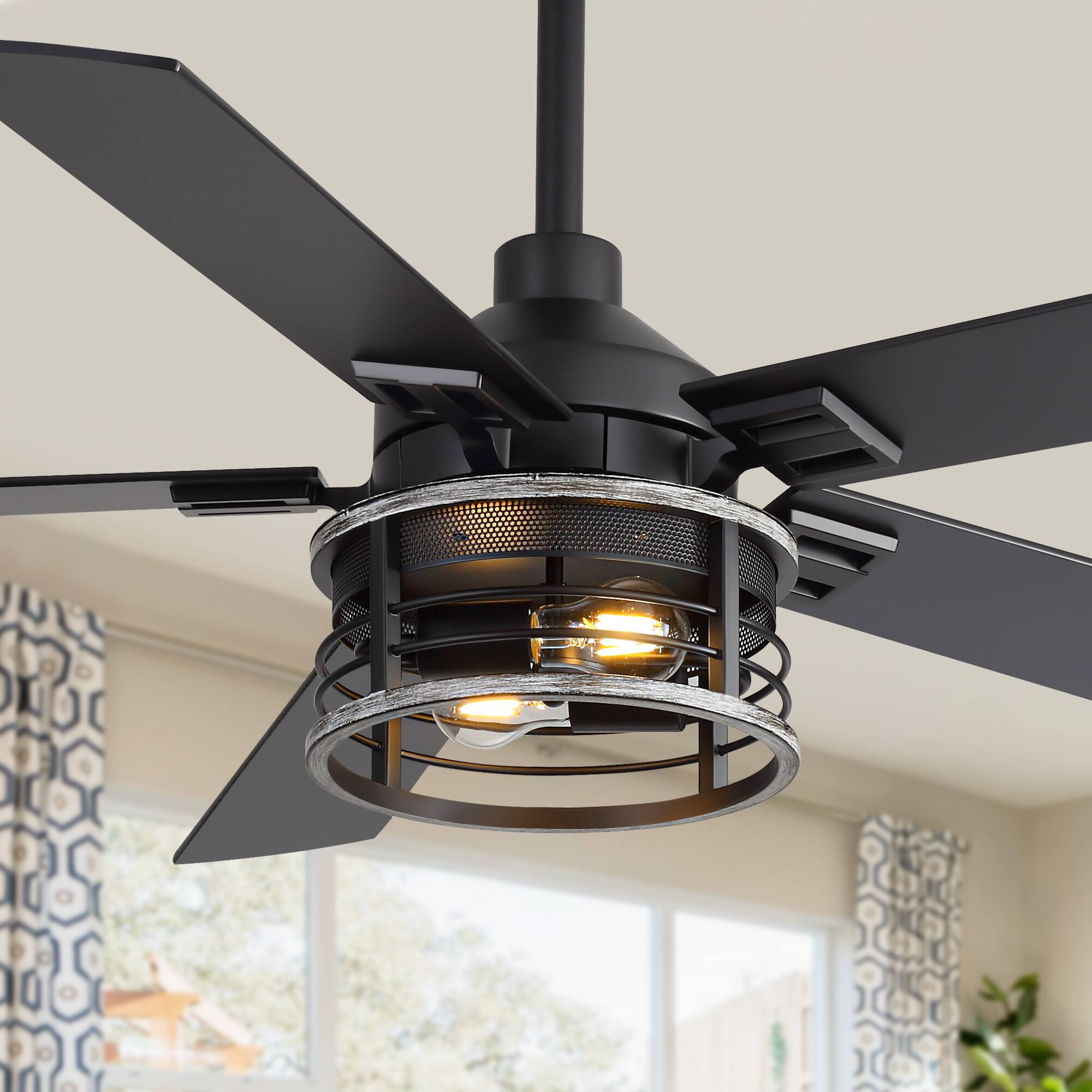 Angle. Breezary - 52-Inch Indoor Modern Ceiling Fan with Integrated Light, DC Motor, 6-Speed Remote, 5 Blades, Includes 5" & 10" Downrods - Black and Charcoal Wood.