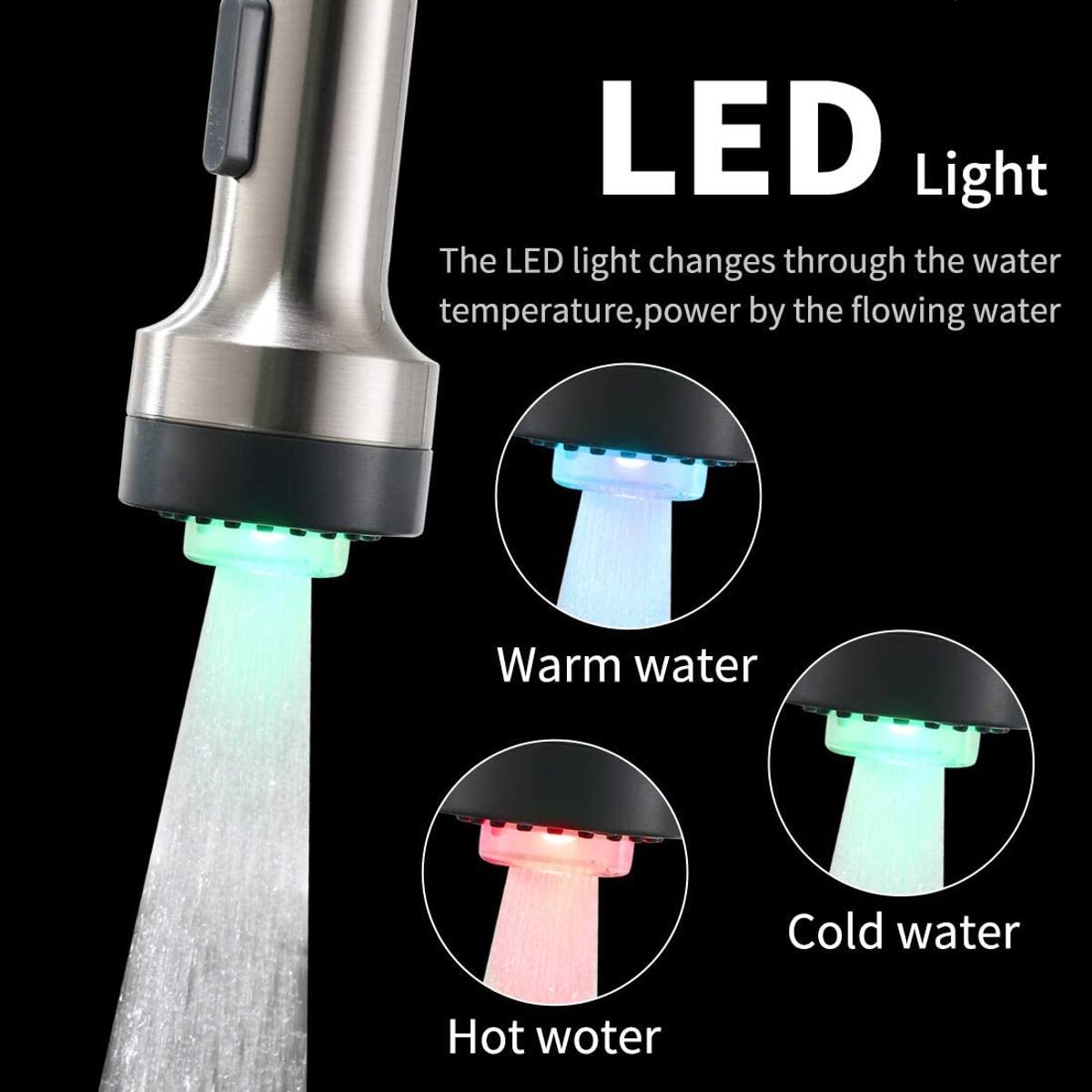 LED Light  
The LED light changes through the water temperature, powered by the flowing water  

Warm water  
Cold water  
Hot water