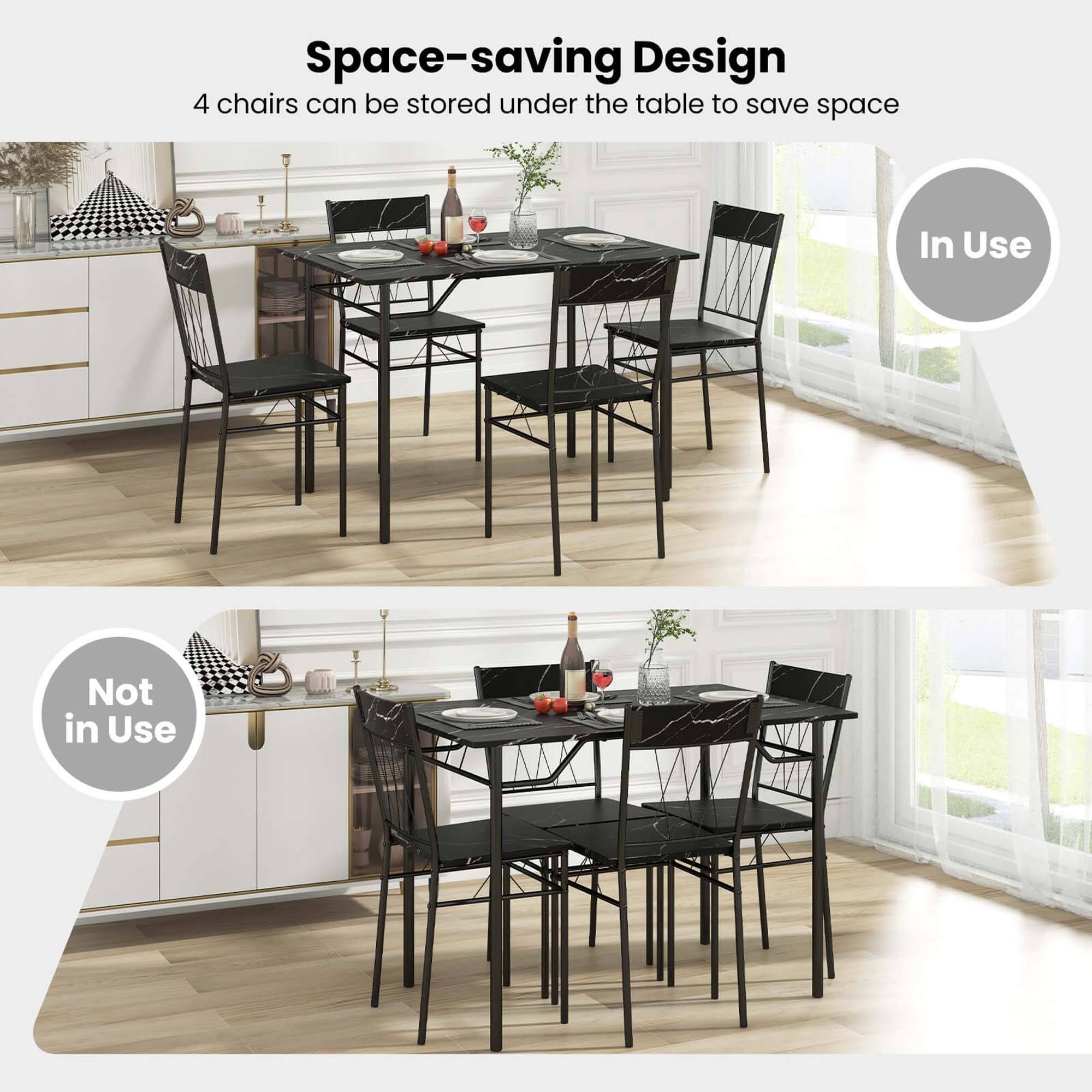Space-saving Design: 4 chairs can be stored under the table to save space. In Use: Not in Use.