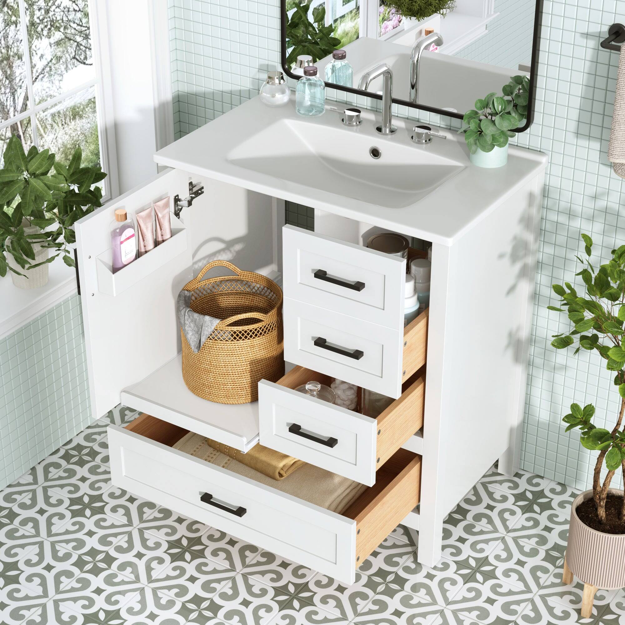 Alt View 5. Boyel Living - 30 Inch White Bathroom Vanity with Ceramic Sink Soft Close Storage and Solid Wood Frame - White.