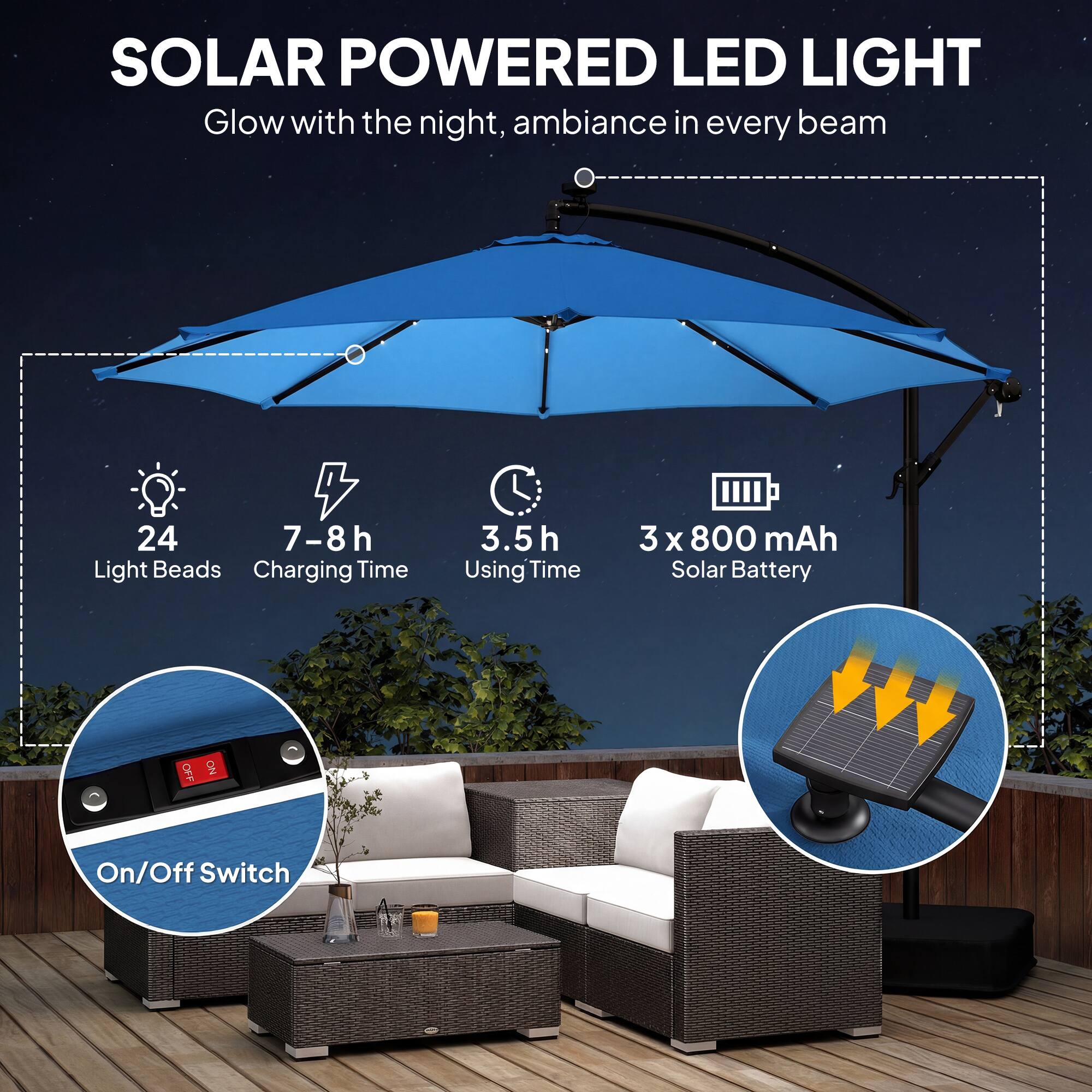 SOLAR POWERED LED LIGHT  
Glow with the night, ambiance in every beam  

- 24 Light Beads  
- 7-8h Charging Time  
- 3.5h Using Time  
- 3 x 800 mAh Solar Battery  
- On/Off Switch