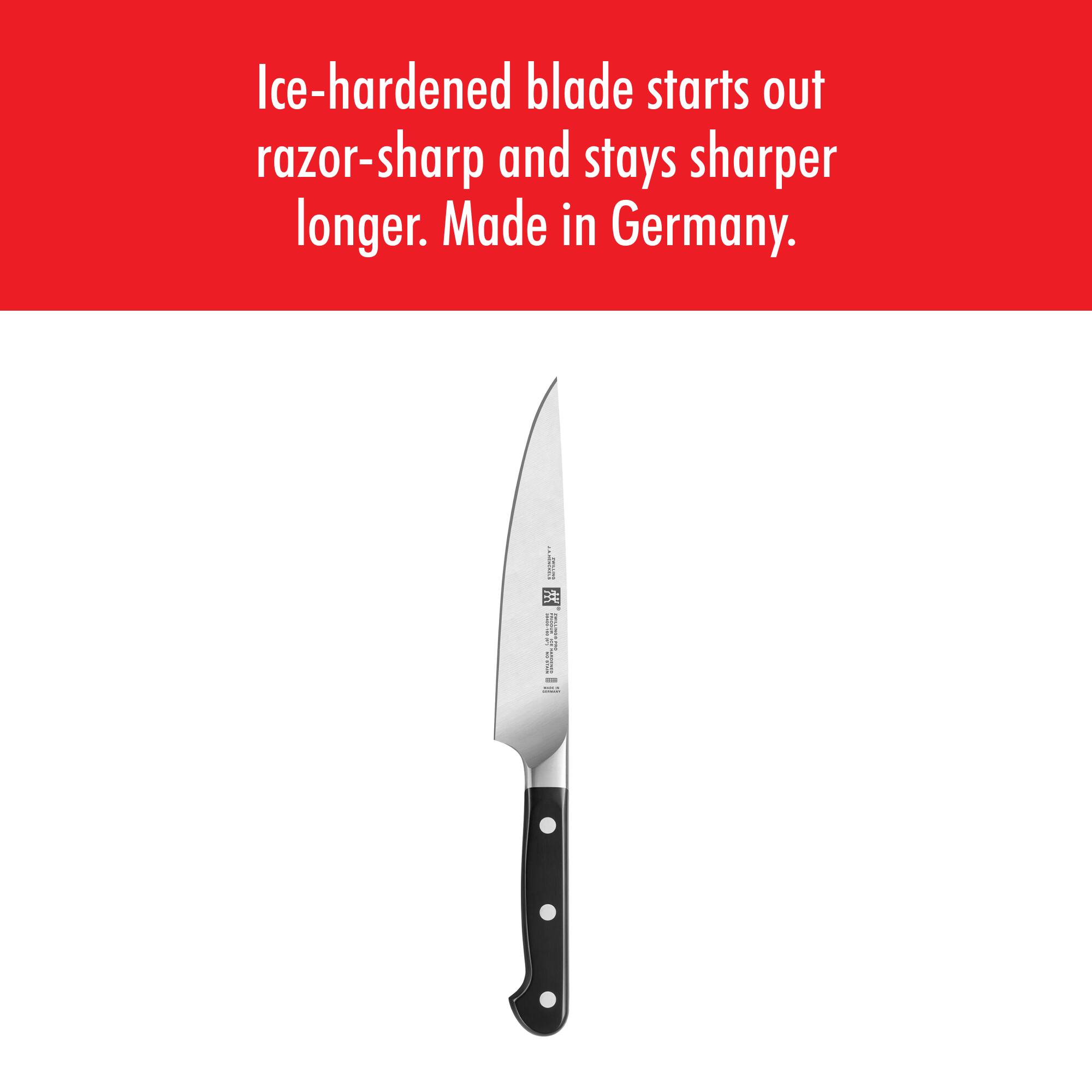 Ice-hardened blade starts out razor-sharp and stays sharper longer. Made in Germany.