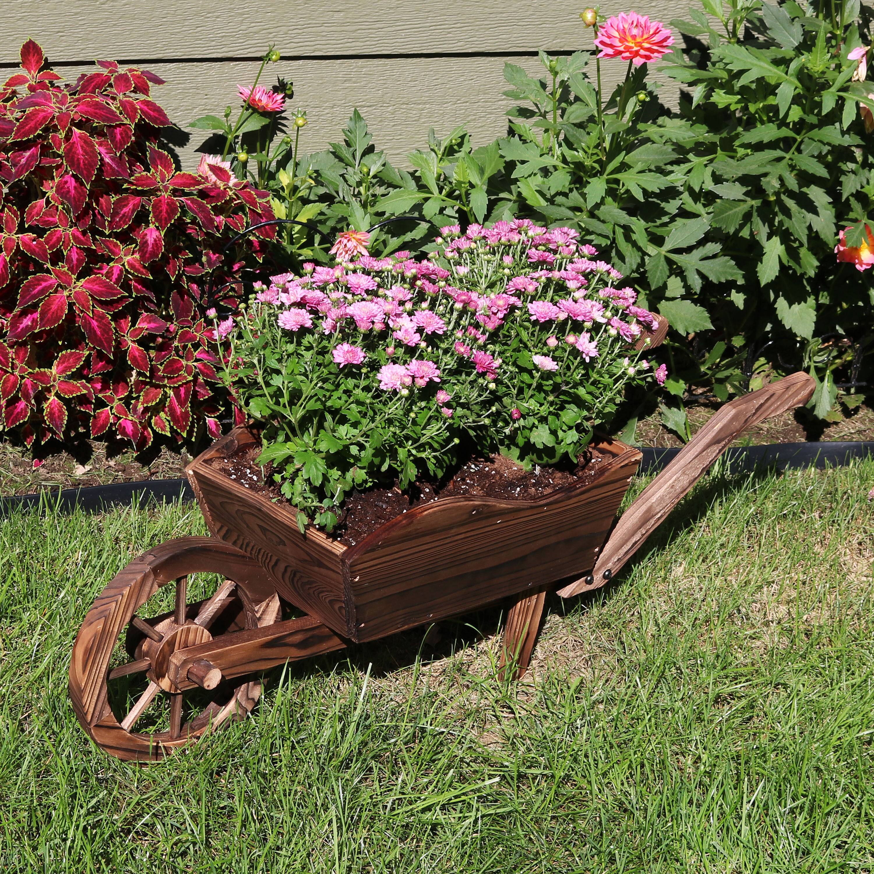 Alt View 3. Sunnydaze - Natural Wooden Fir Decorative Wheelbarrow Garden Planter - Brown.
