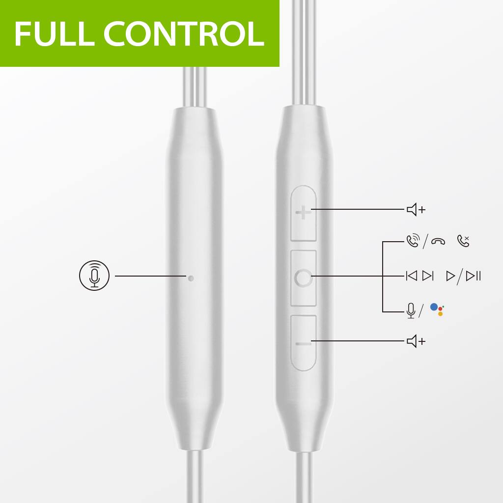 FULL CONTROL

- Microphone
- Volume Up
- Play/Pause
- Previous/Next
- Bluetooth/Wi-Fi
- Call/End Call
- Volume Down