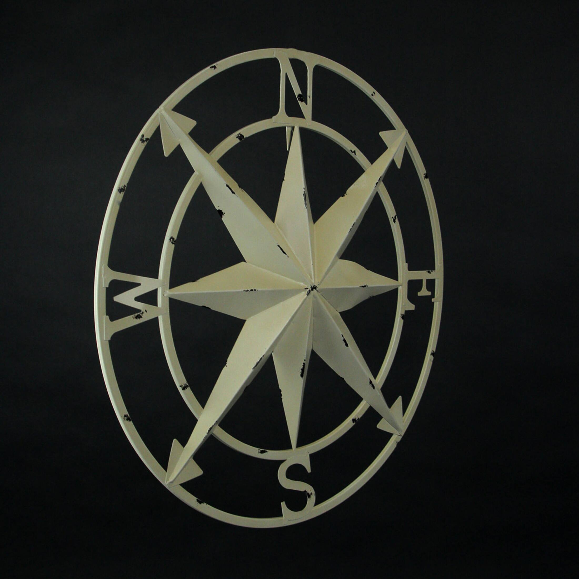 Alt View 2. Zeckos - Antiqued White Indoor Outdoor Metal Compass Rose Wall Sculpture 20.5 Inch - White.