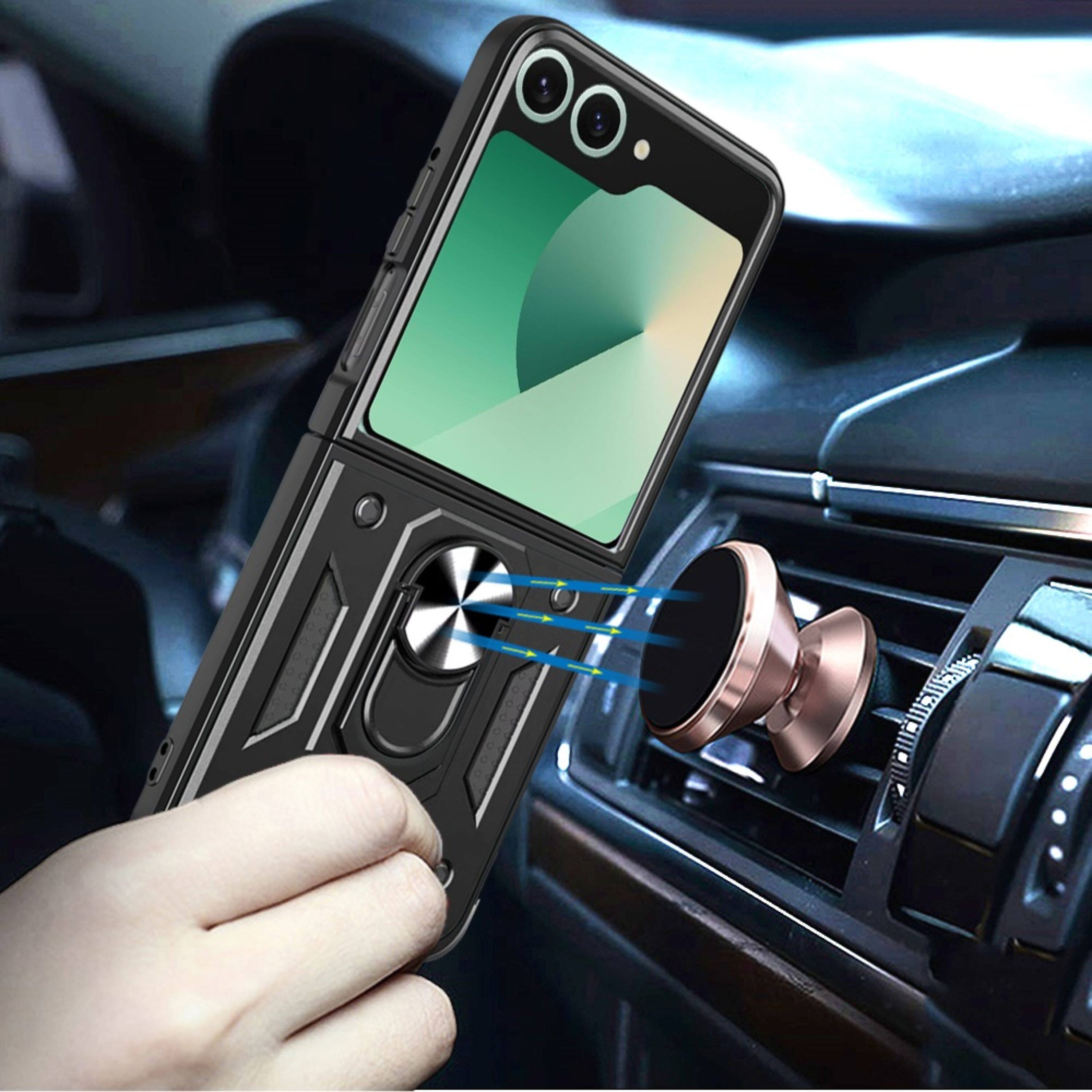 Left. Kitcheniva - Camera Lens Shield Case With Magnetic Ring Stand & Tempered Glass For Samsung Galaxy Z Flip 7 Black - Black.