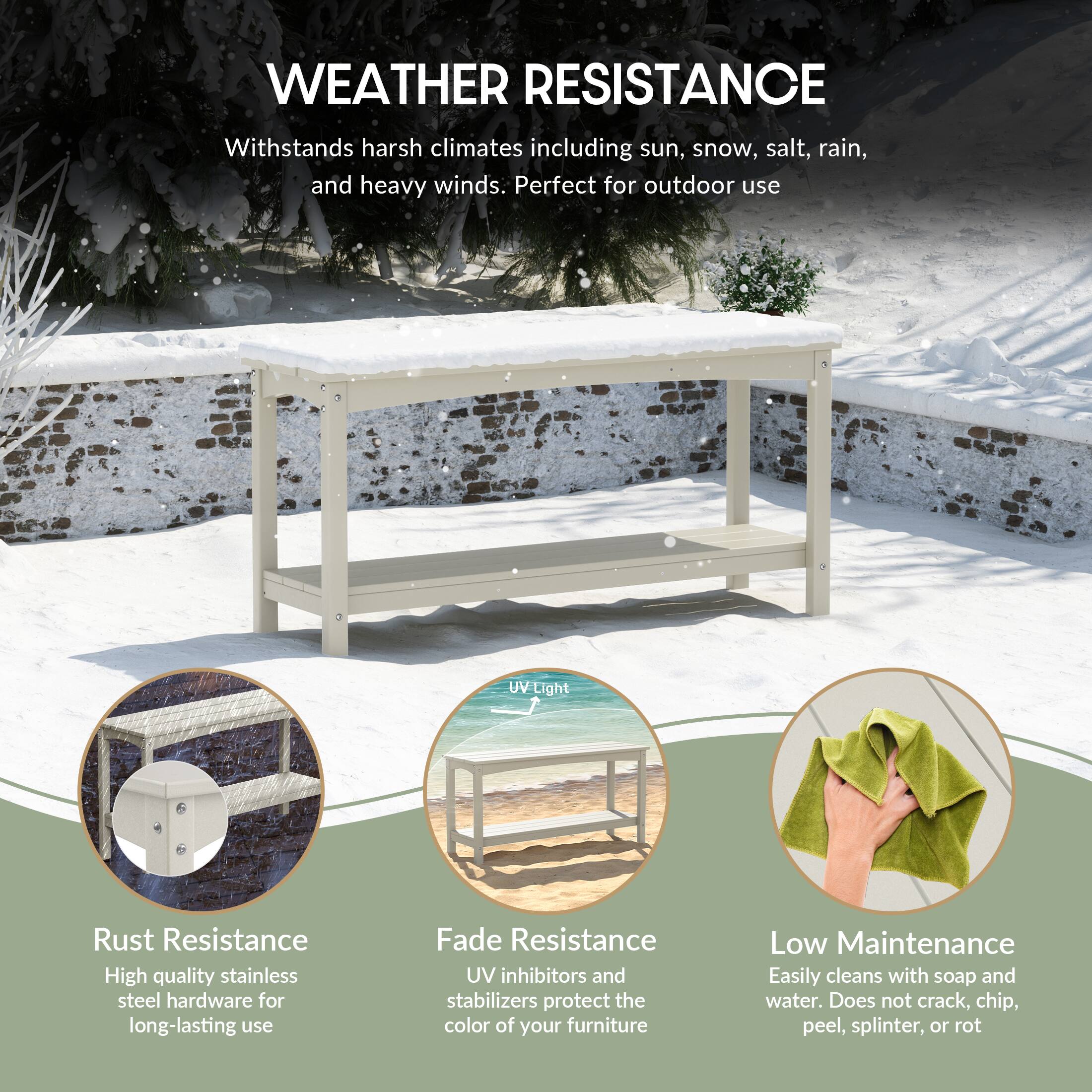 WEATHER RESISTANCE  
Withstands harsh climates including sun, snow, salt, rain, and heavy winds. Perfect for outdoor use.

- Rust Resistance  
  High quality stainless steel hardware for long-lasting use

- Fade Resistance  
  UV inhibitors and stabilizers protect the color of your furniture

- Low Maintenance  
  Easily cleans with soap and water. Does not crack, chip, peel, splinter, or rot