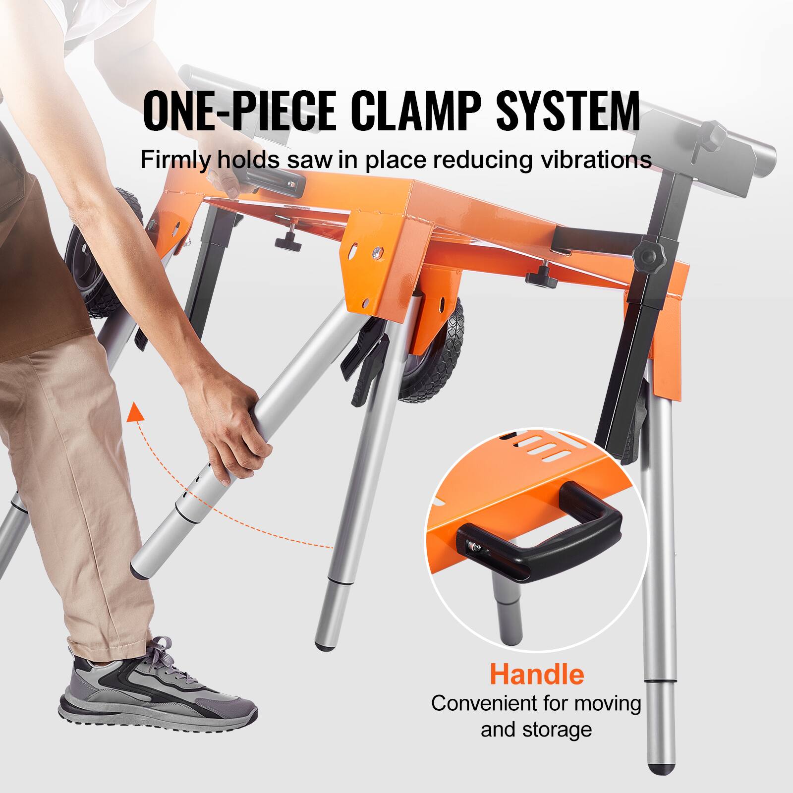 ONE-PIECE CLAMP SYSTEM  
Firmly holds saw in place reducing vibrations  

Handle  
Convenient for moving and storage