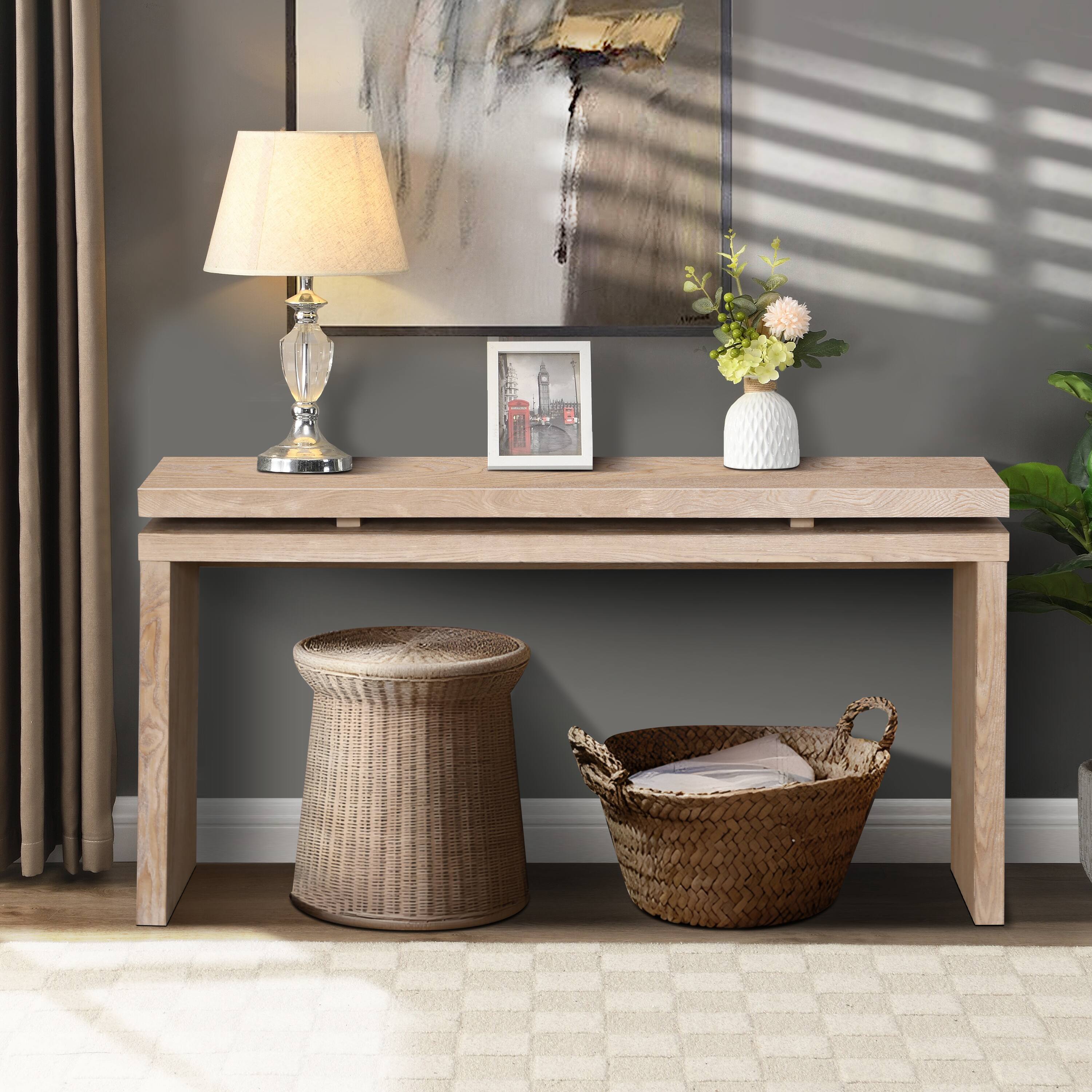 Front. PDTEND - 60'' Antique Natural Farmhouse Console Table with Double Board Suspension Design for Living Room - Antique Natural.