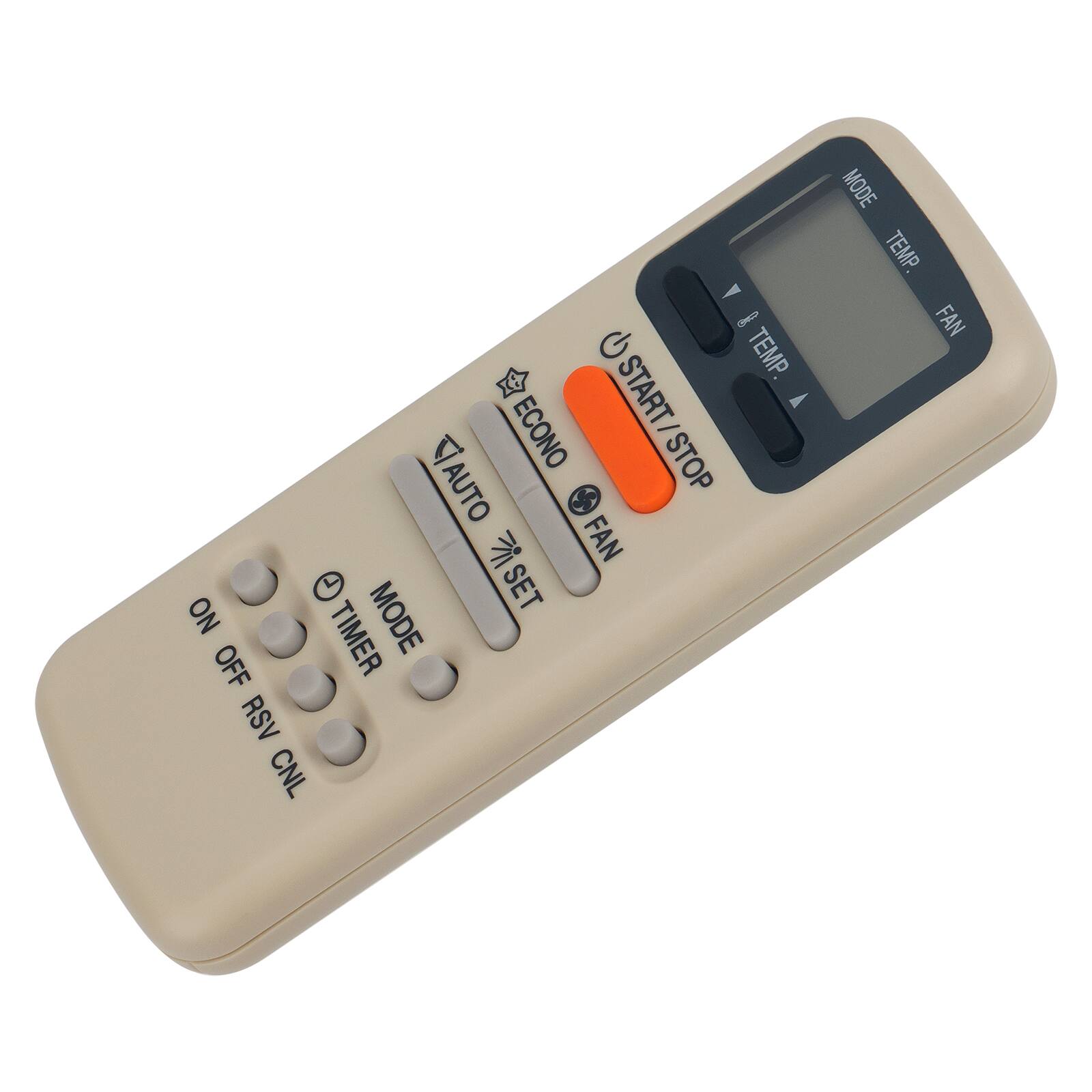 A G TEMP LE START A CIAUTO ECONO START/STOP /STOP S FAN ISET NO MODE OFF TIMER RSV CNL MODE TEMP. FAN

Corrected text from the image:
- AUTO
- ECONO
- START/STOP
- MODE
- TIMER
- ON OFF RSV CNL
- TEMP
- FAN
- SET