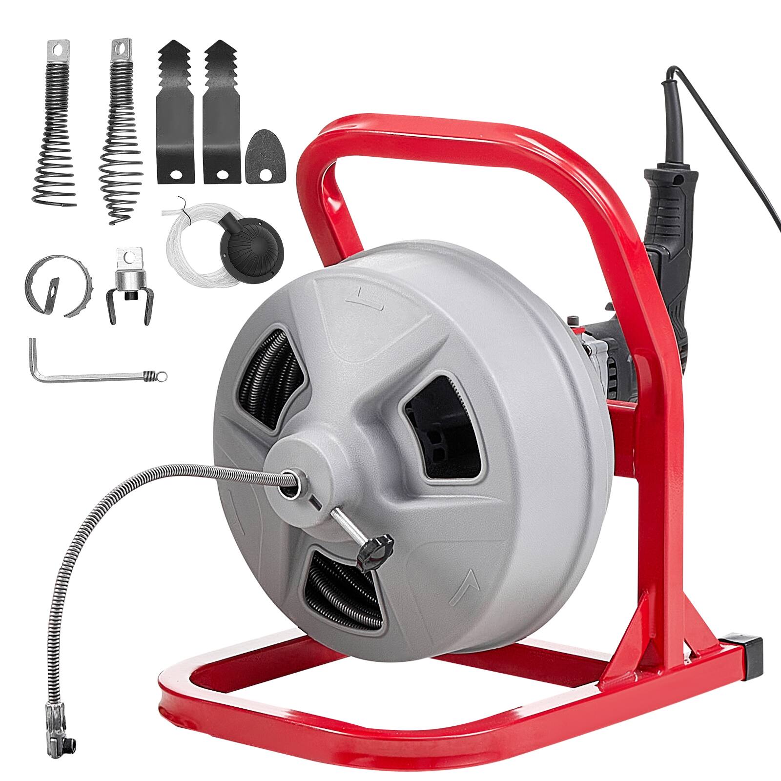 Alt View 5. VEVOR - Drain Cleaner Machine 50 FT x 5/16 Inch, Sewer Snake Auger with 228RPM Electric Drill, Manual Feed Drain - Red stand + gray drum.
