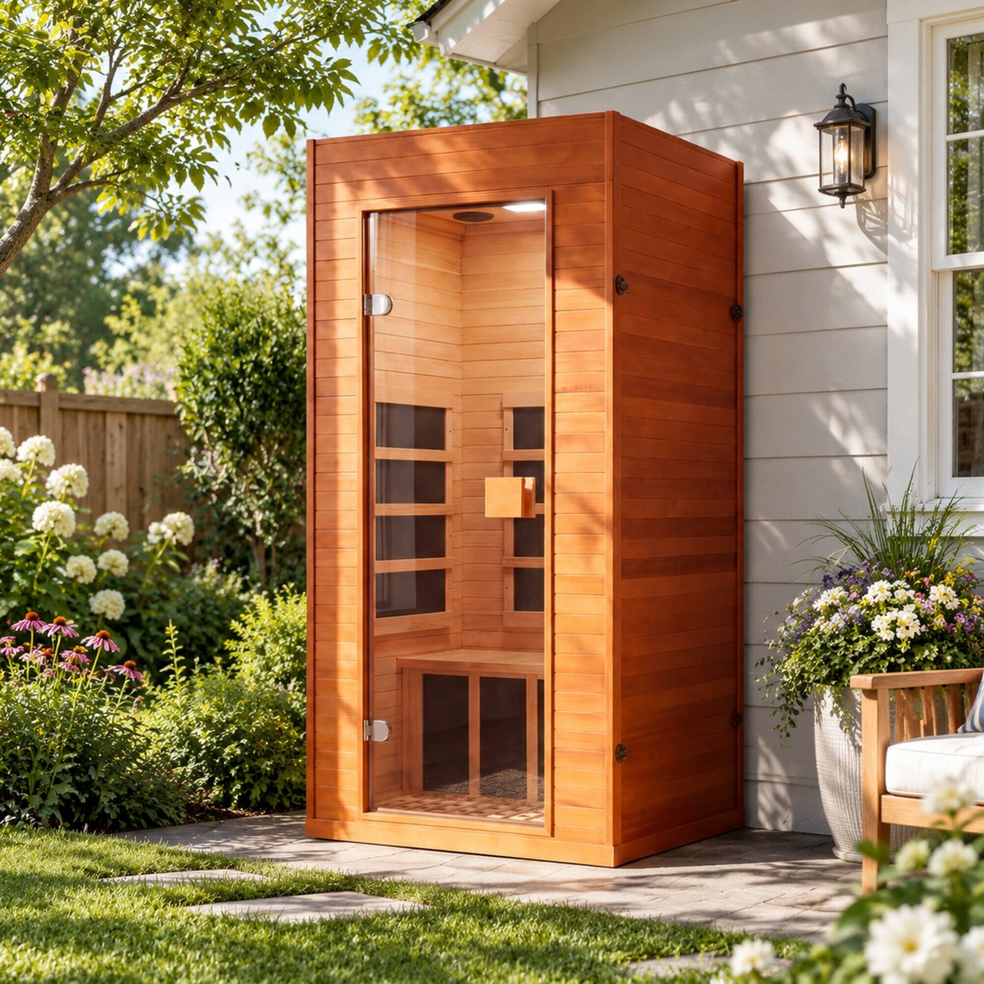 Alt View 2. RYHNUYNE - Smart Infrared Sauna for Home, 1-Person Canadian Hemlock Wood Cabin, Voice Control, Bluetooth Speakers, Red Light - Acacia Wood.